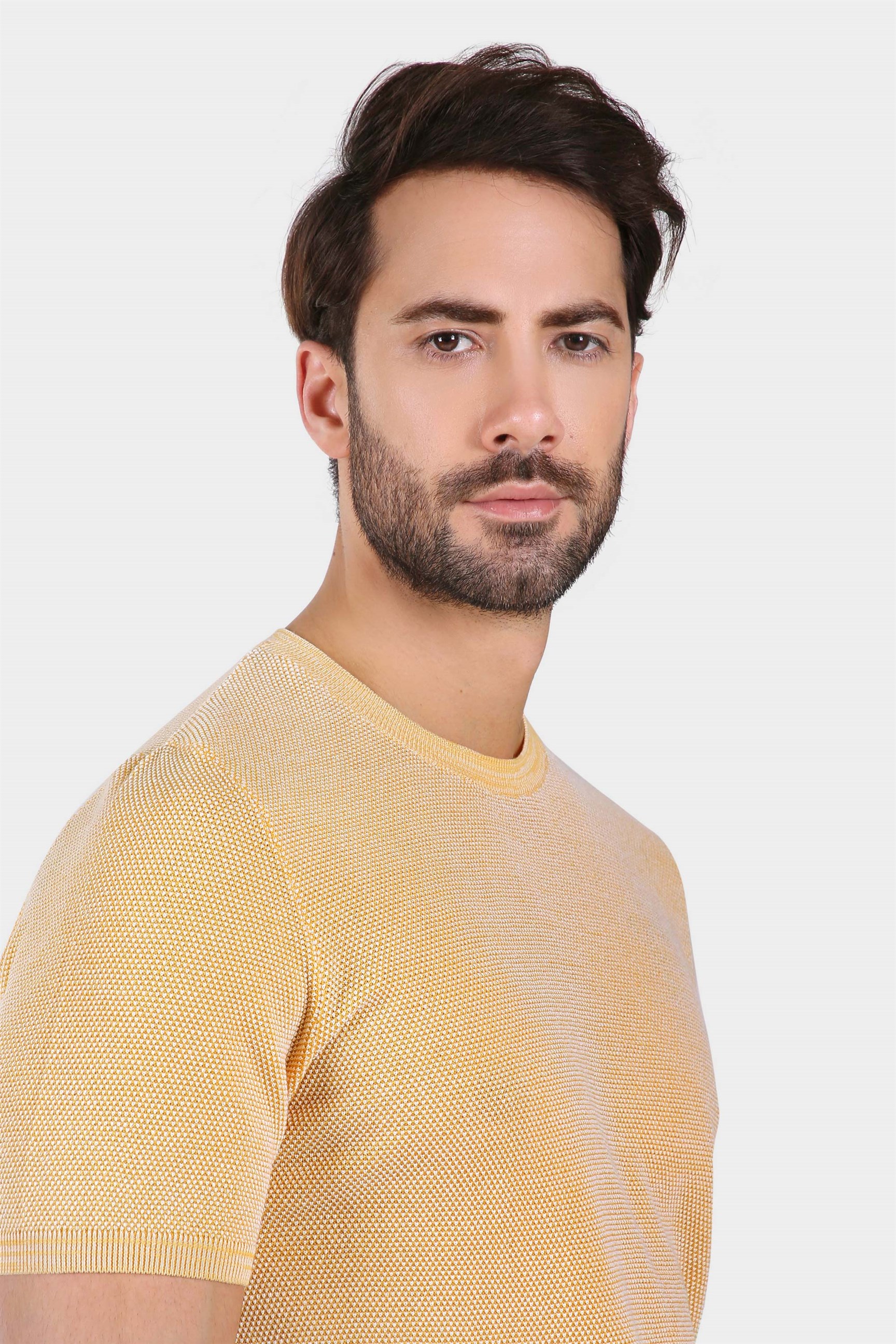 Ferraro Erkek Kuşgözü Desenli Bisiklet Yaka Triko T Shirt - Hardal