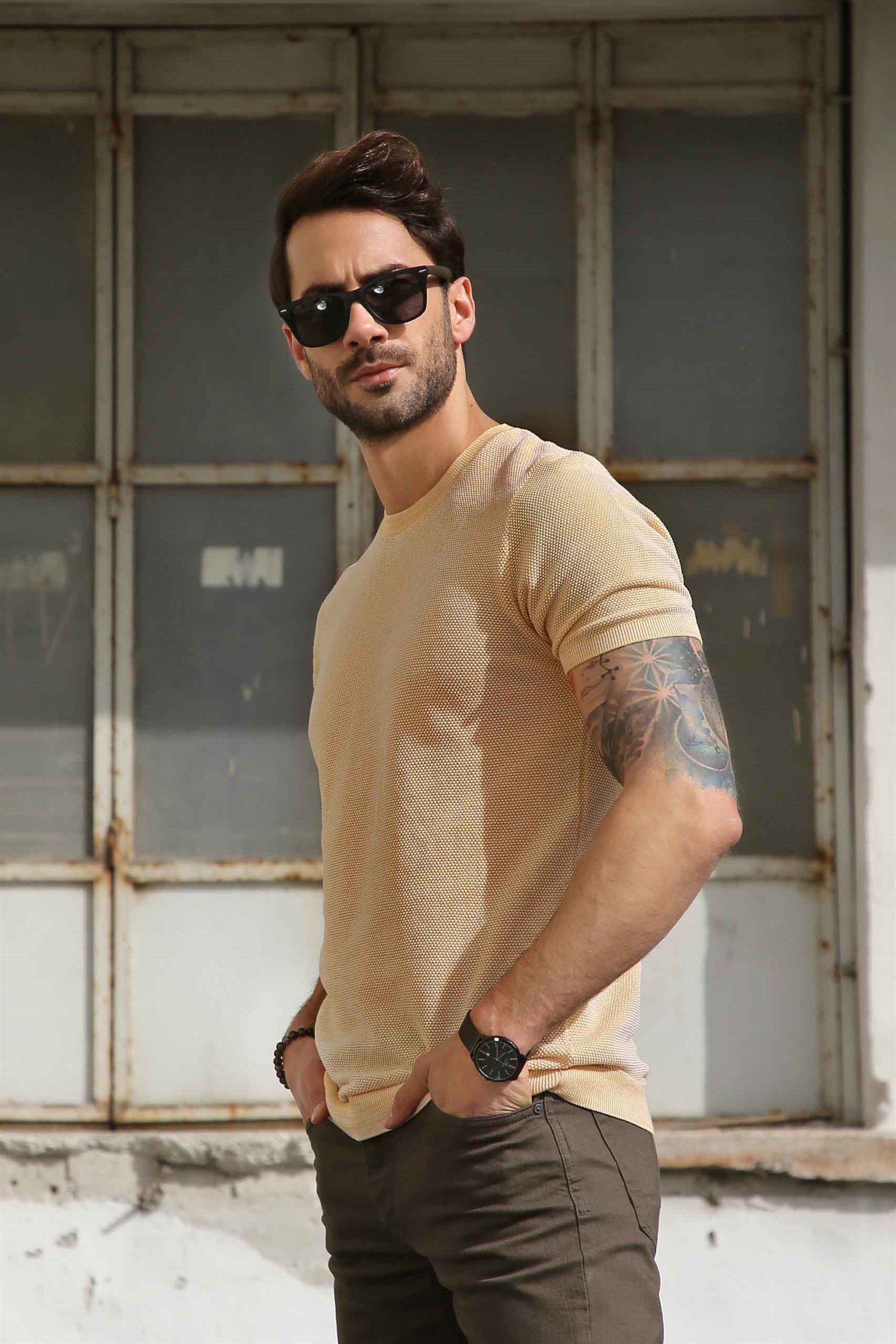 Ferraro Erkek Kuşgözü Desenli Bisiklet Yaka Triko T Shirt - Hardal