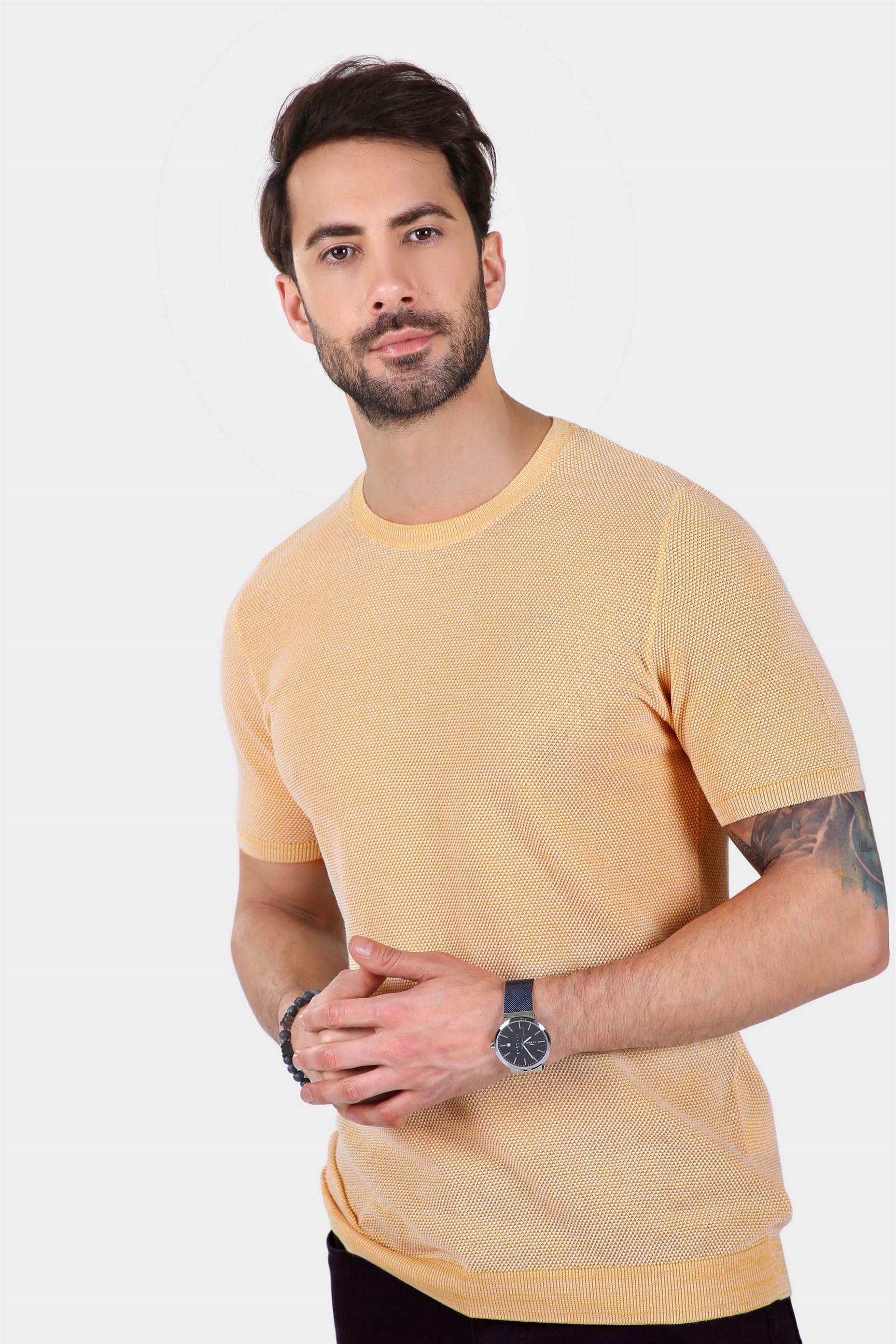 Ferraro Erkek Kuşgözü Desenli Bisiklet Yaka Triko T Shirt - Hardal