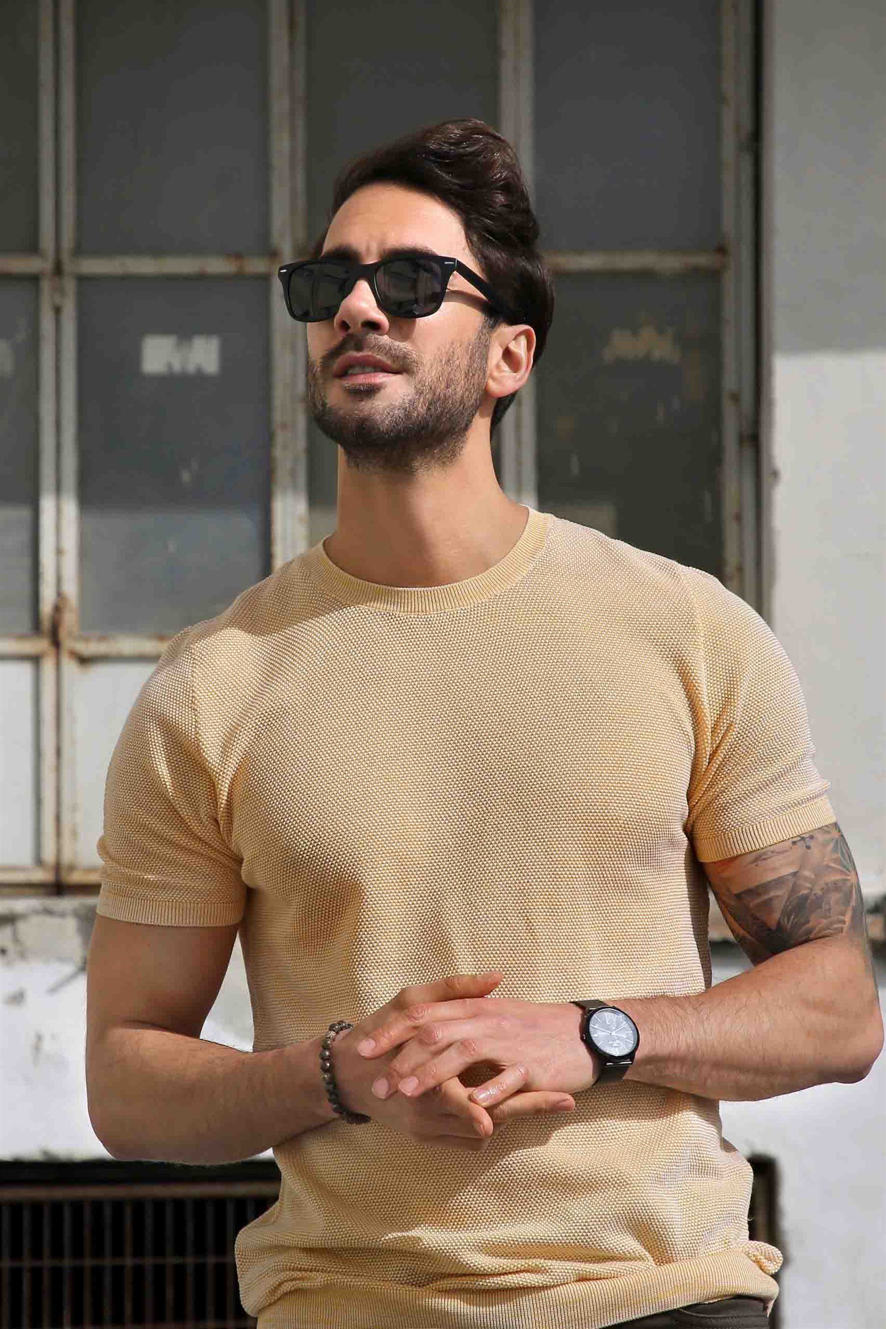 Ferraro Erkek Kuşgözü Desenli Bisiklet Yaka Triko T Shirt - Hardal