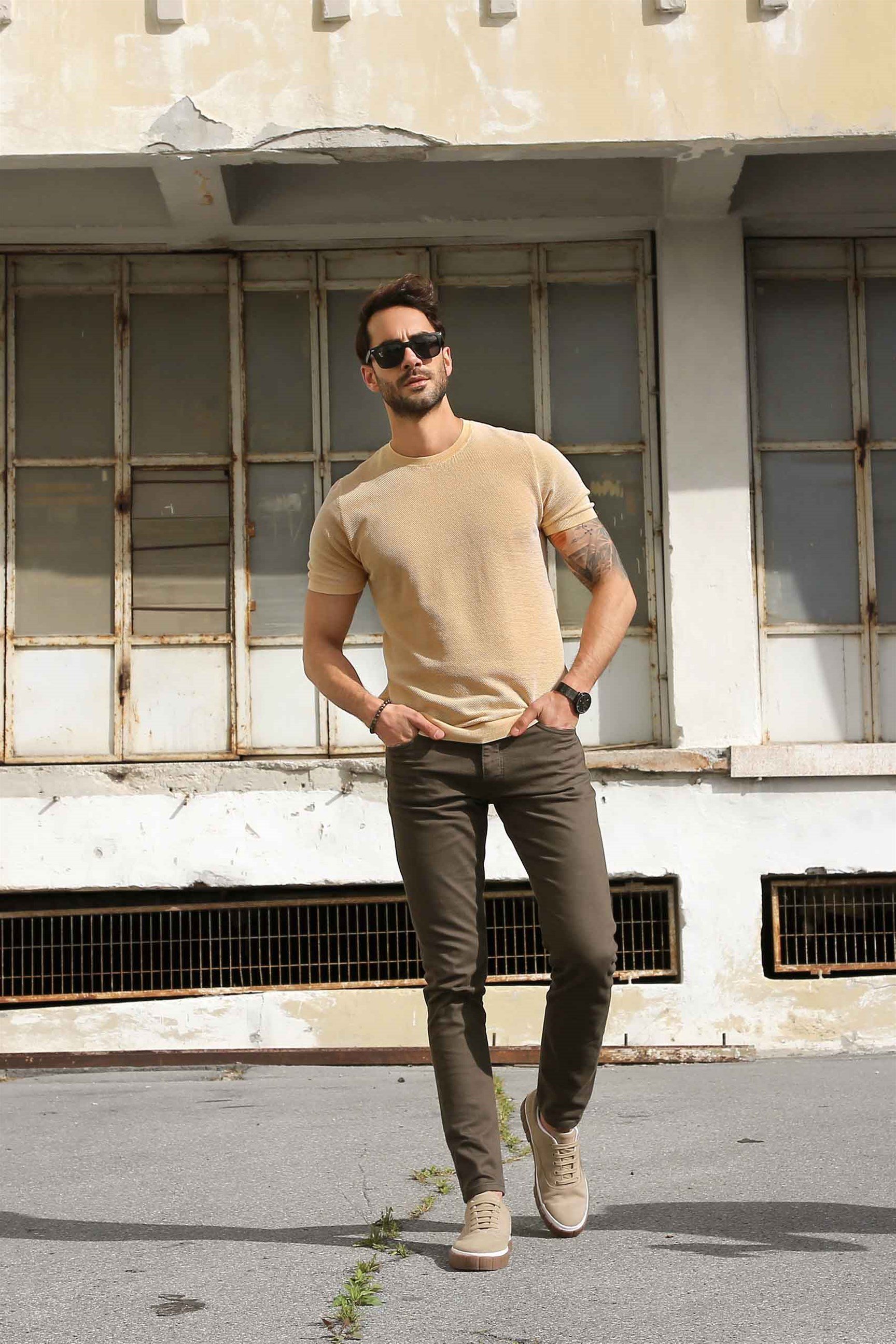 Ferraro Erkek Kuşgözü Desenli Bisiklet Yaka Triko T Shirt - Hardal