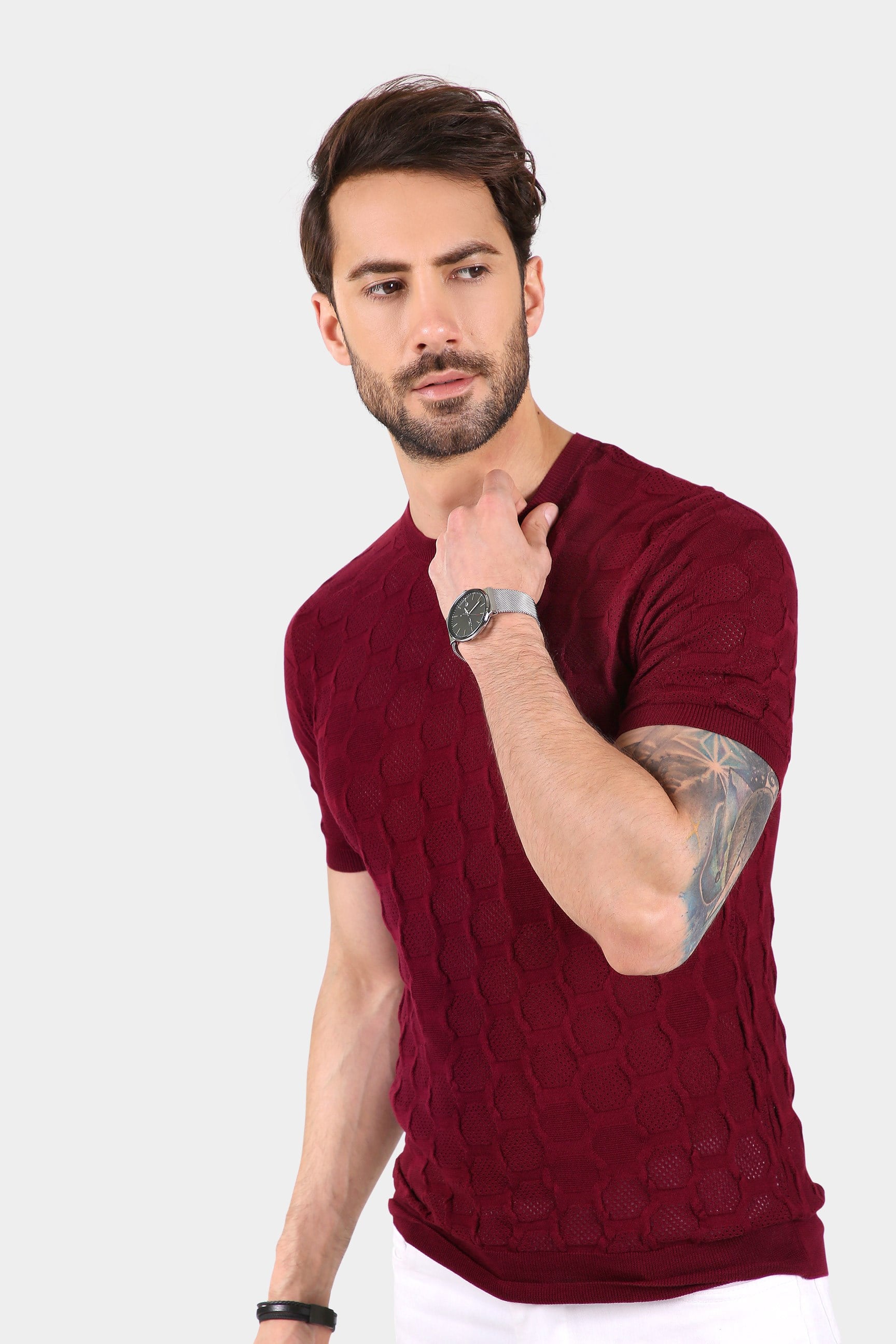 Ferraro Erkek Petek Desenli Bisiklet Yaka Triko T Shirt - Bordo