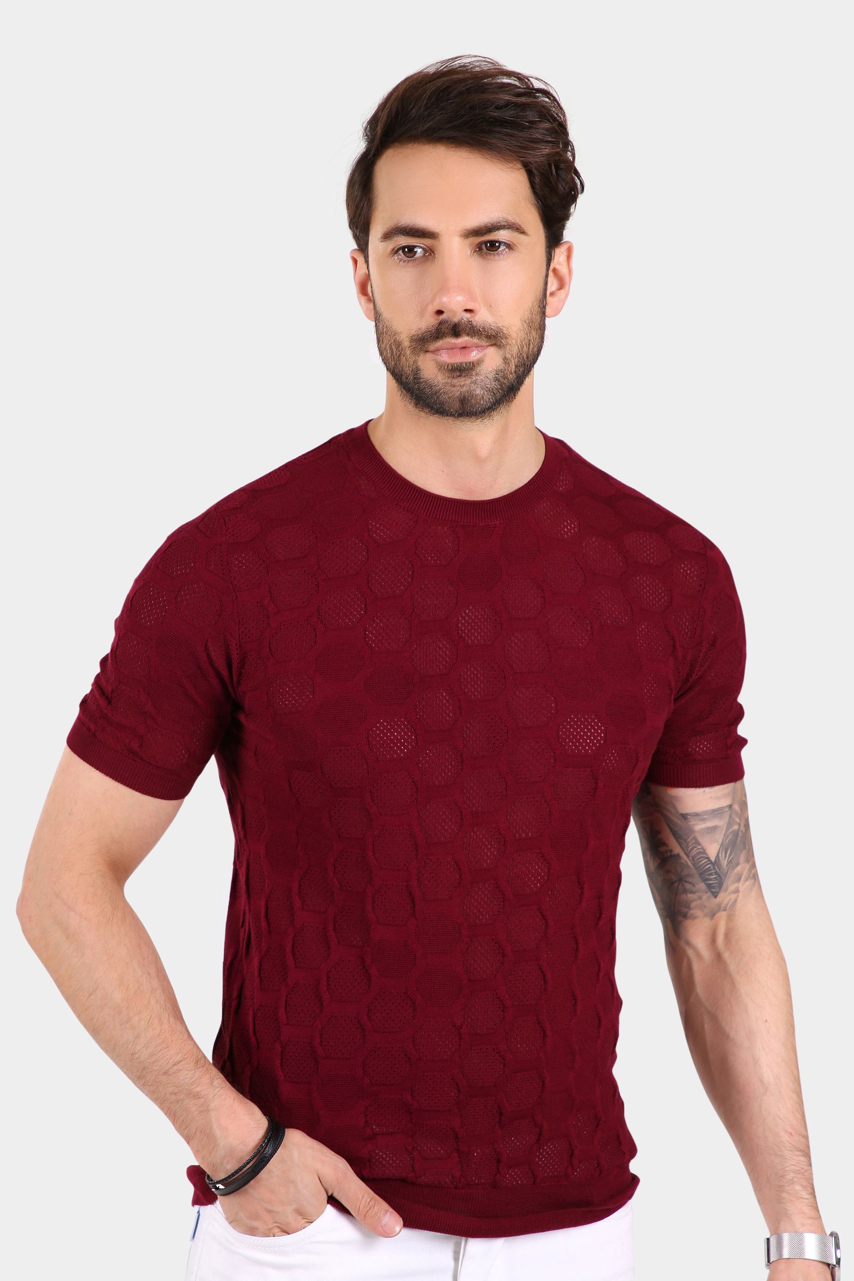 Ferraro Erkek Petek Desenli Bisiklet Yaka Triko T Shirt - Bordo