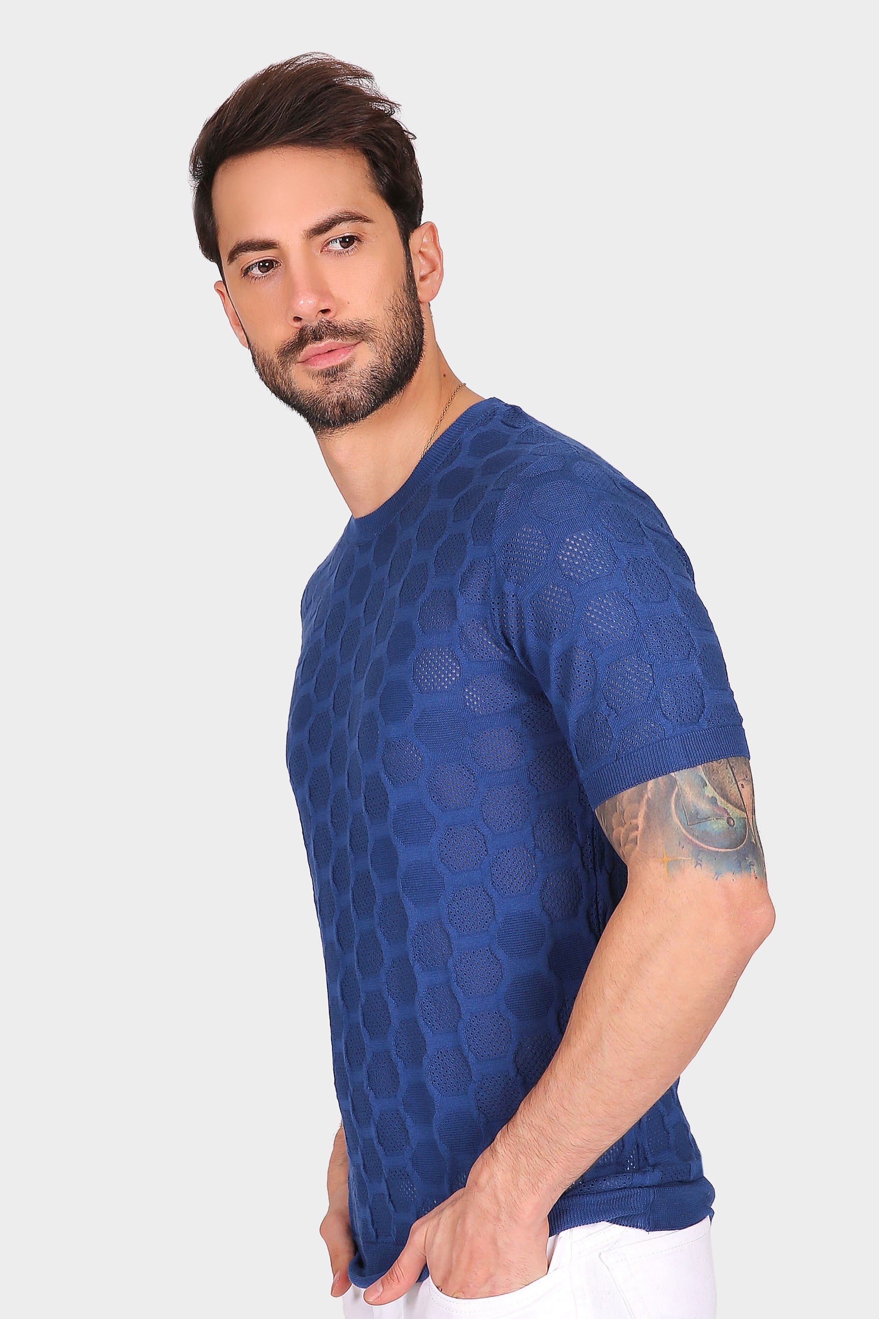 Ferraro Erkek Petek Desenli Bisiklet Yaka Triko T Shirt - Saks
