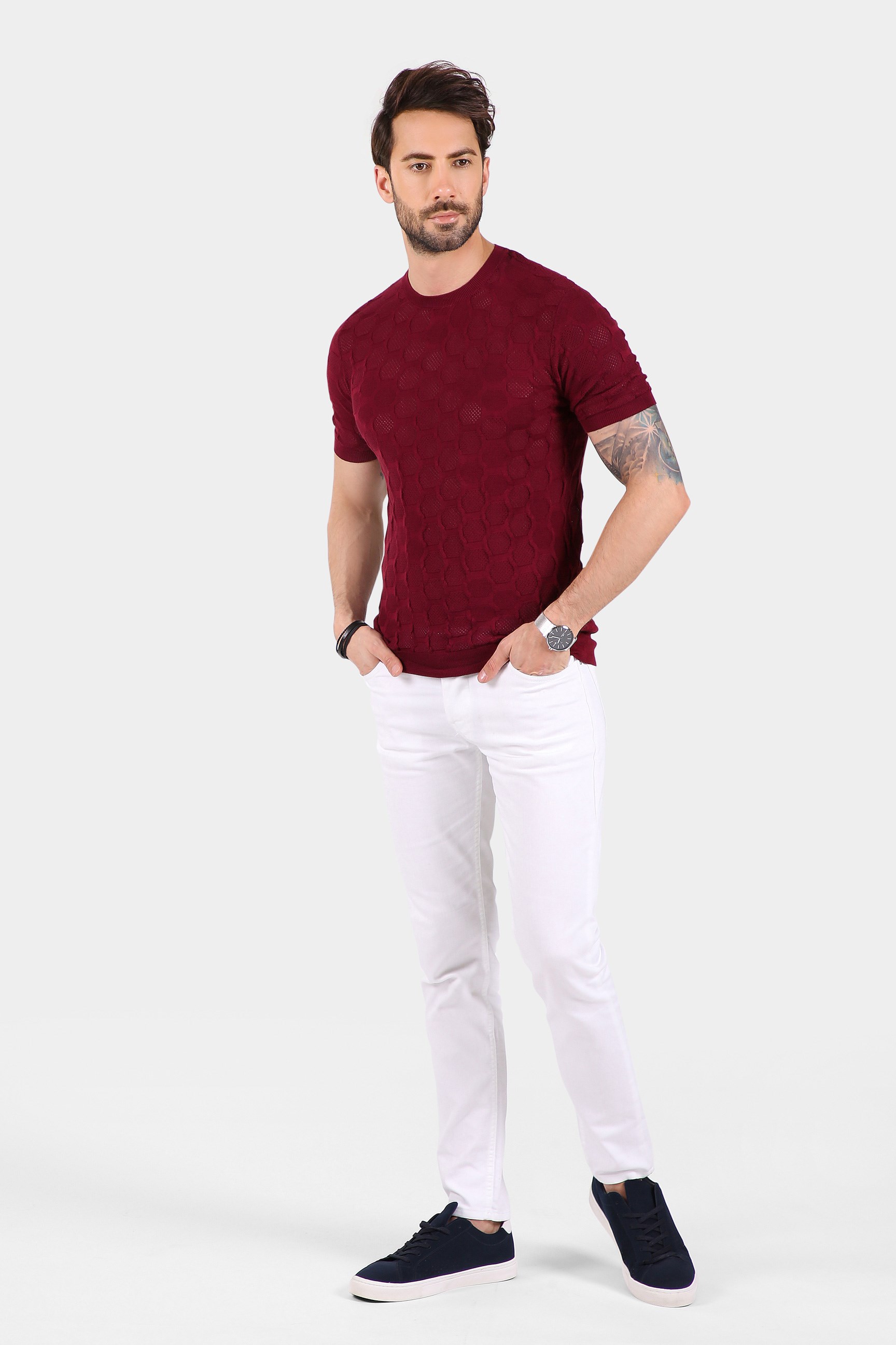 Ferraro Erkek Petek Desenli Bisiklet Yaka Triko T Shirt - Bordo