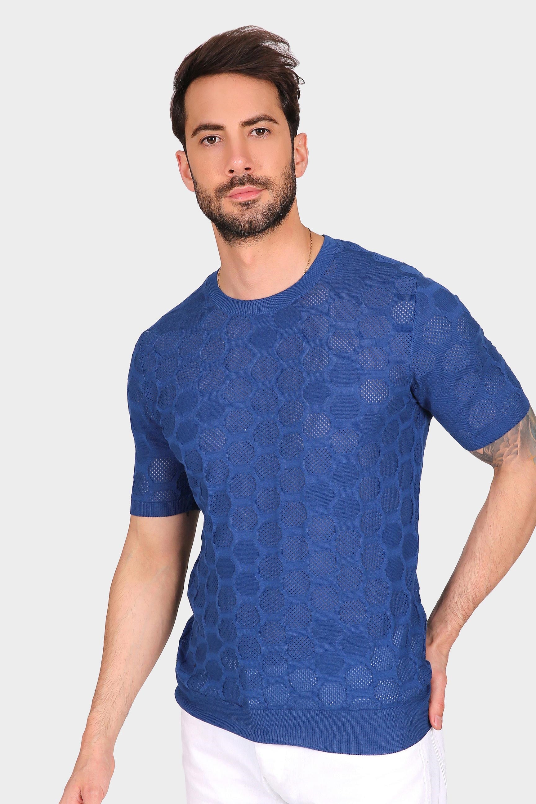 Ferraro Erkek Petek Desenli Bisiklet Yaka Triko T Shirt - Saks