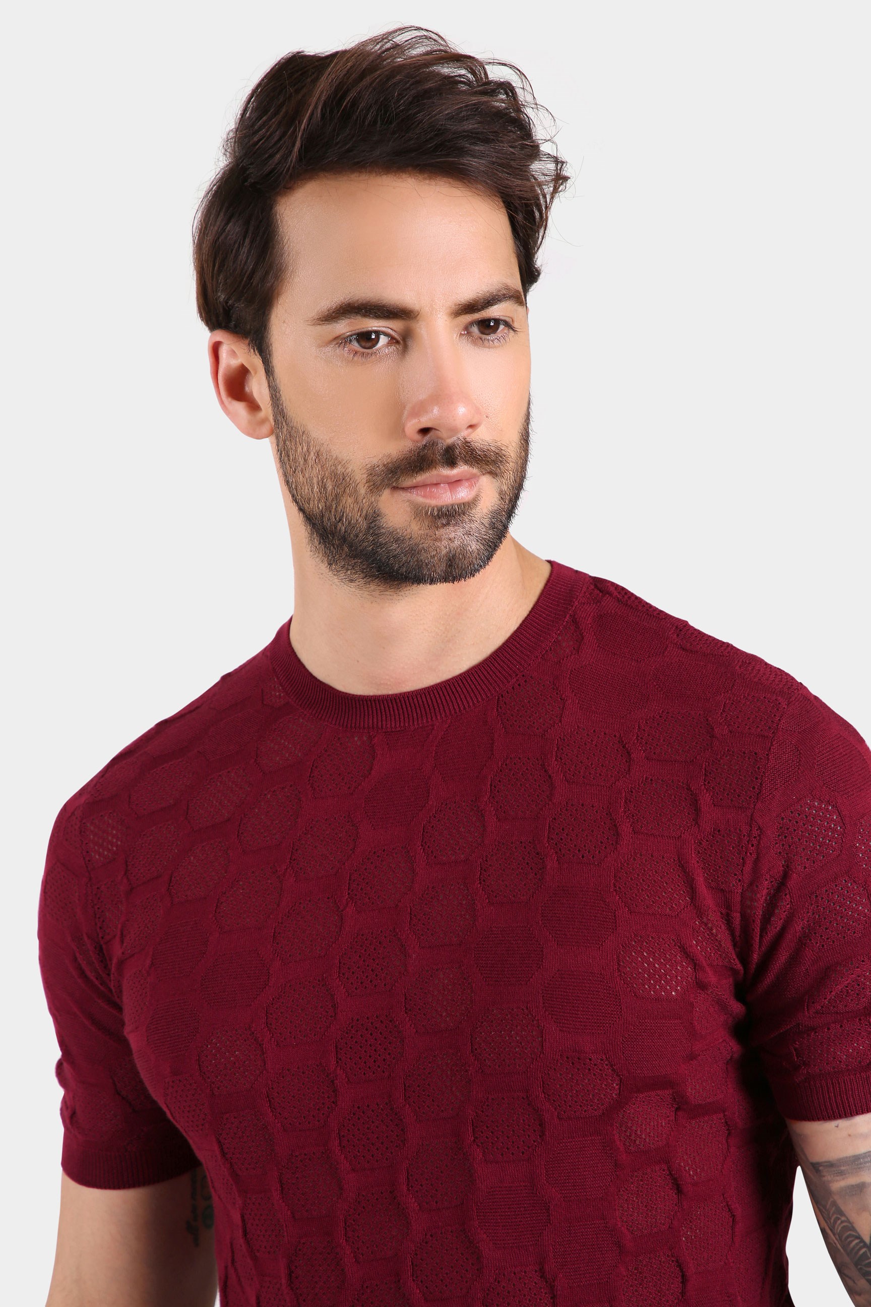 Ferraro Erkek Petek Desenli Bisiklet Yaka Triko T Shirt - Bordo