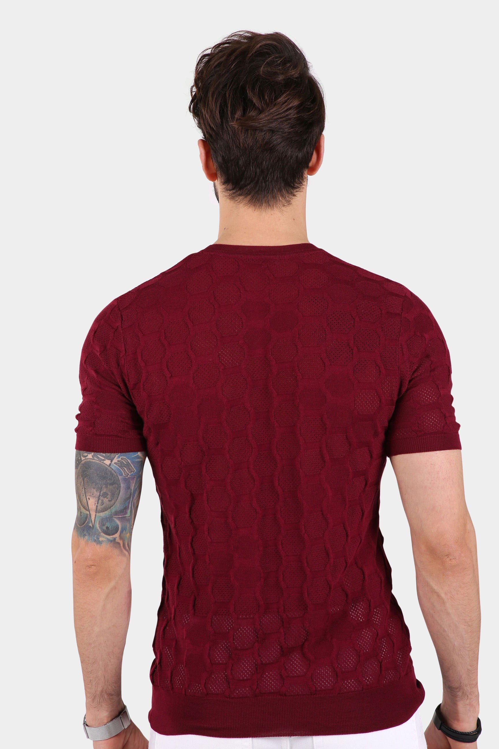 Ferraro Erkek Petek Desenli Bisiklet Yaka Triko T Shirt - Bordo