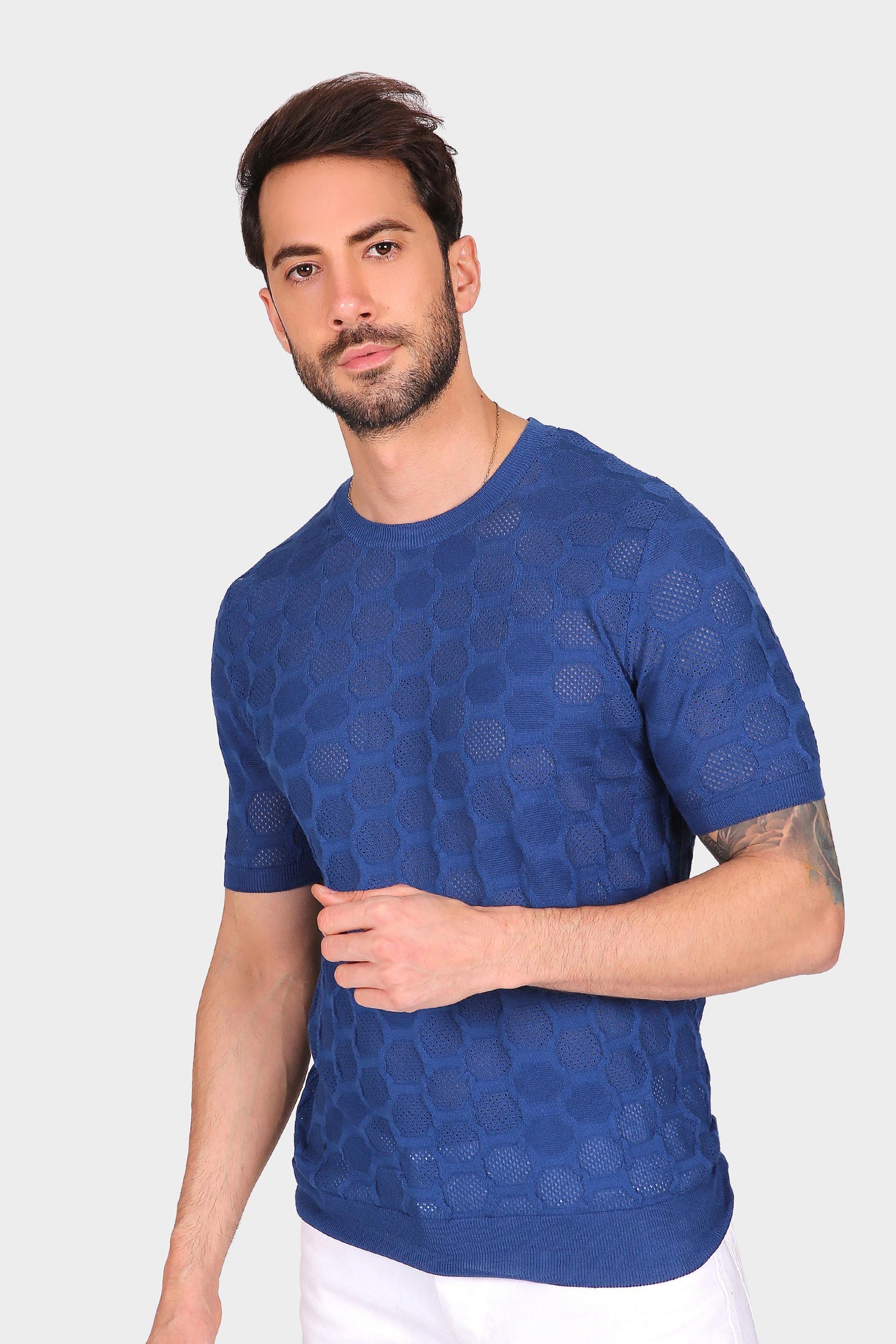 Ferraro Erkek Petek Desenli Bisiklet Yaka Triko T Shirt - Saks