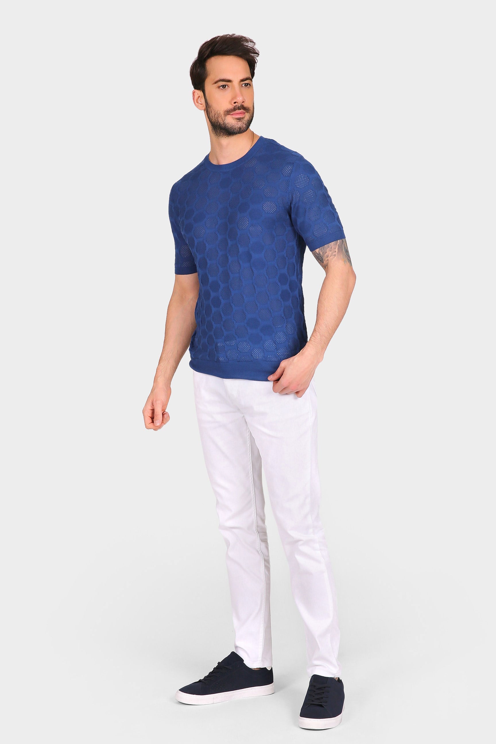Ferraro Erkek Petek Desenli Bisiklet Yaka Triko T Shirt - Saks