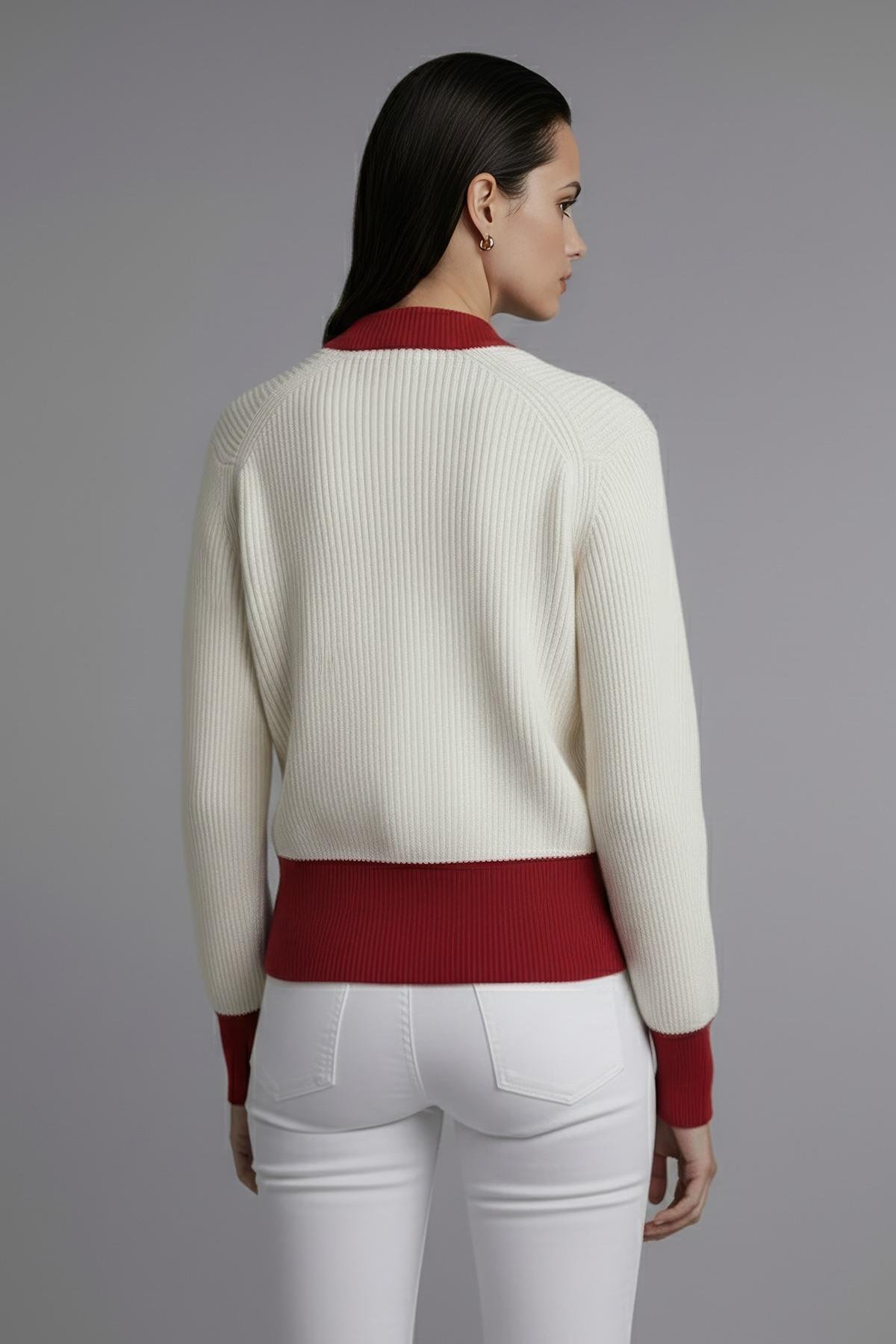 Ferraro Fermuarlı Krem Kırmızı Detaylı Kadın Triko Hırka