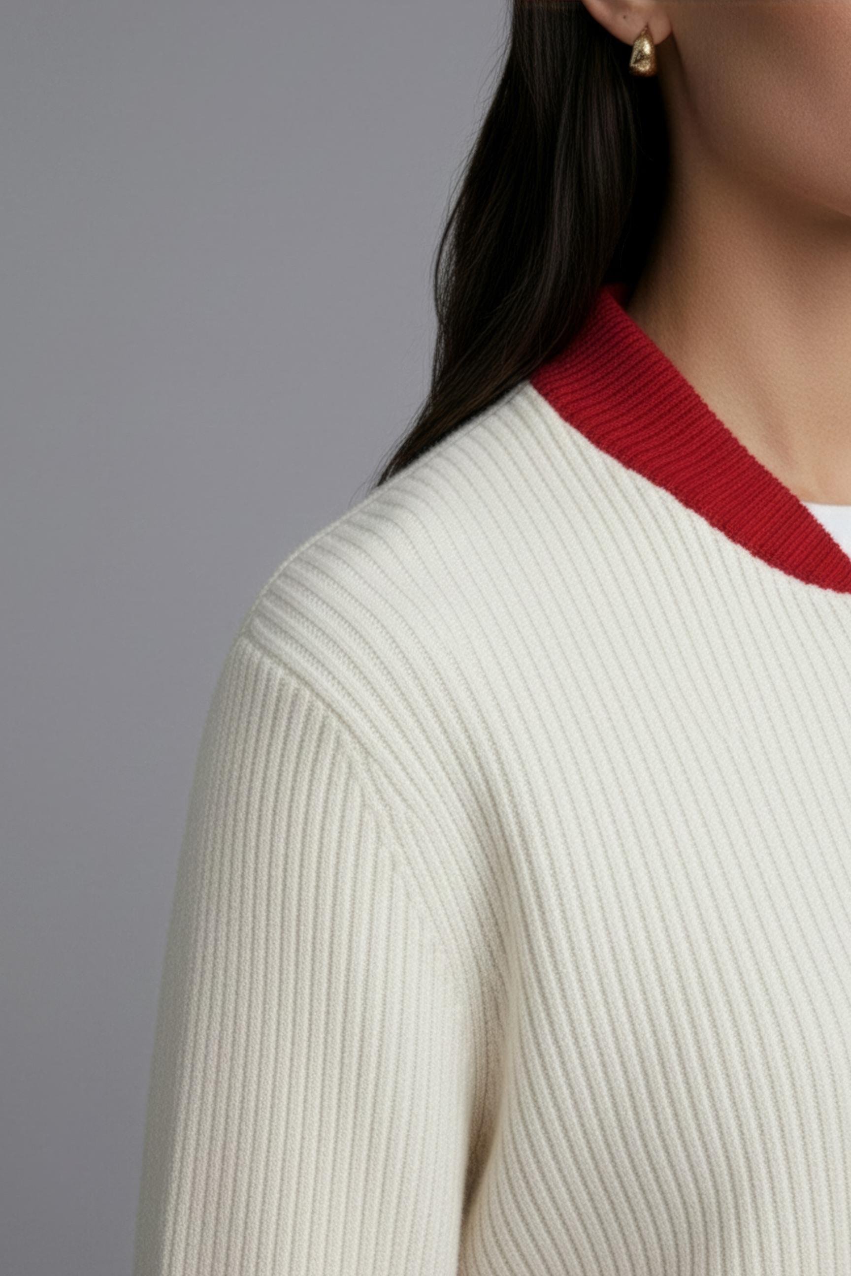 Ferraro Fermuarlı Krem Kırmızı Detaylı Kadın Triko Hırka