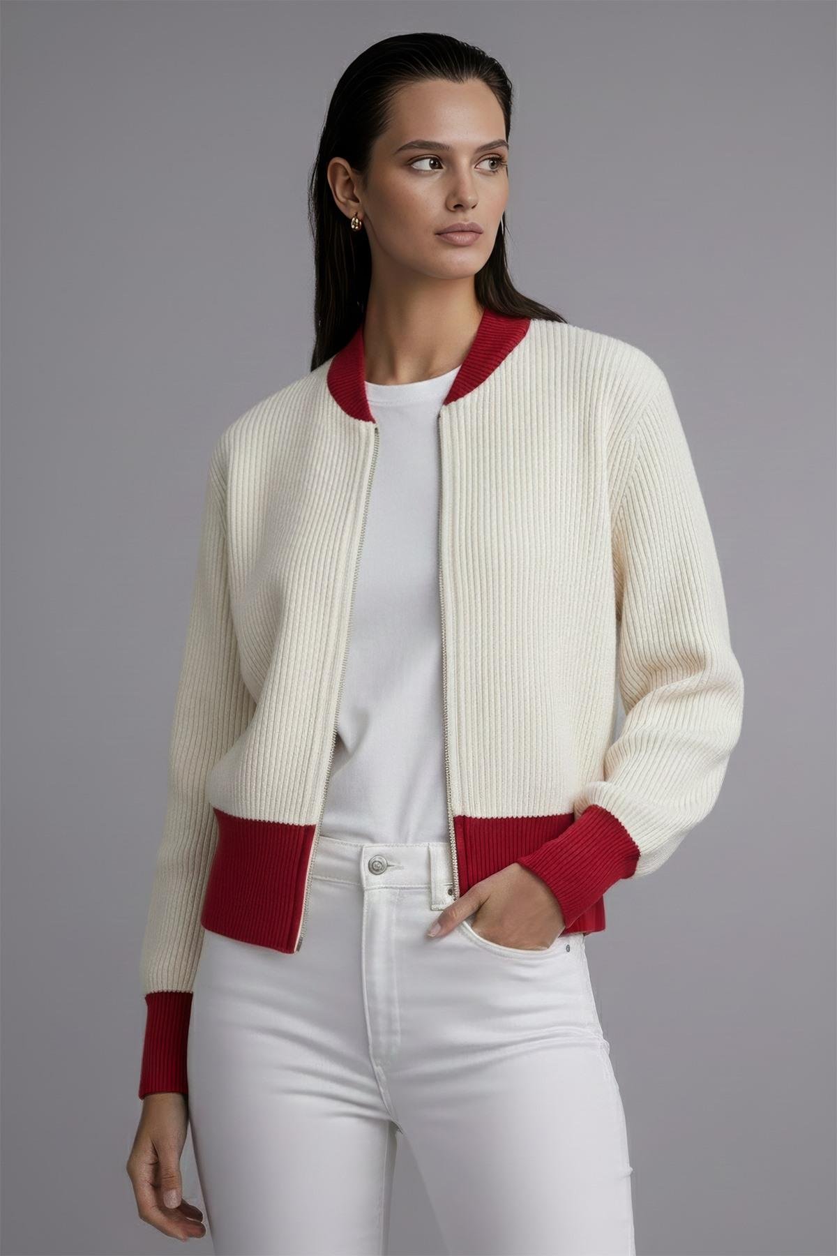 Ferraro Fermuarlı Krem Kırmızı Detaylı Kadın Triko Hırka