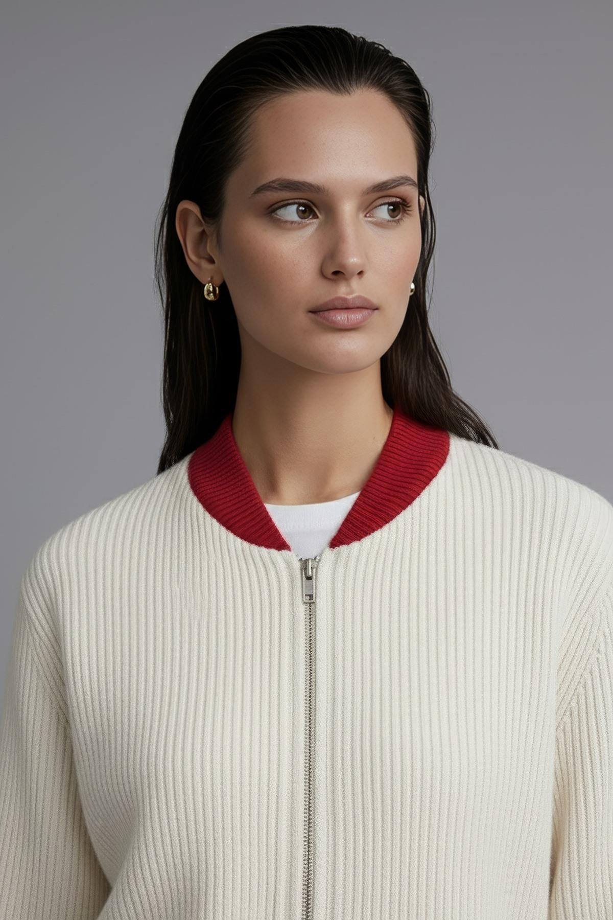 Ferraro Fermuarlı Krem Kırmızı Detaylı Kadın Triko Hırka