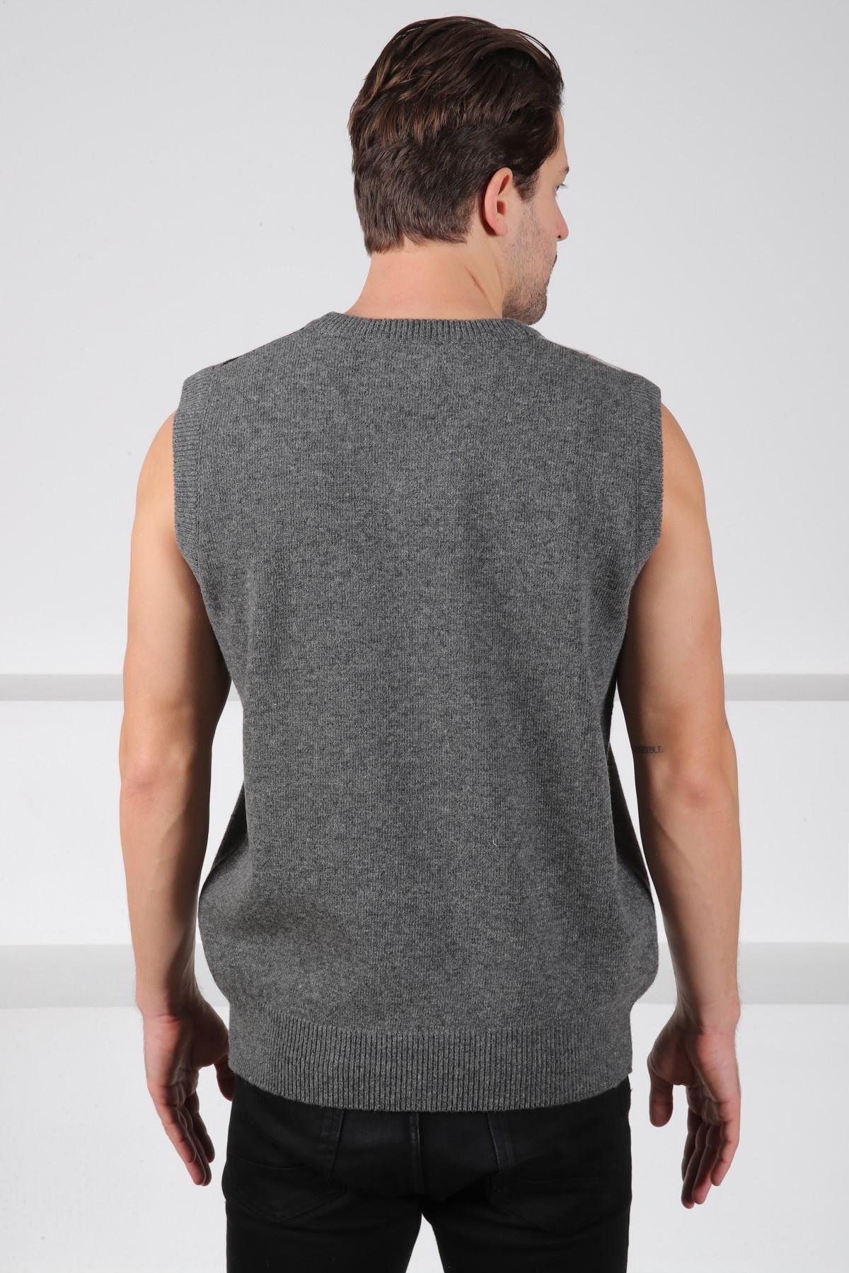 Ferraro Füme Baklava Desenli V Yaka %100 Kuzu Yünü Erkek Triko Süveter