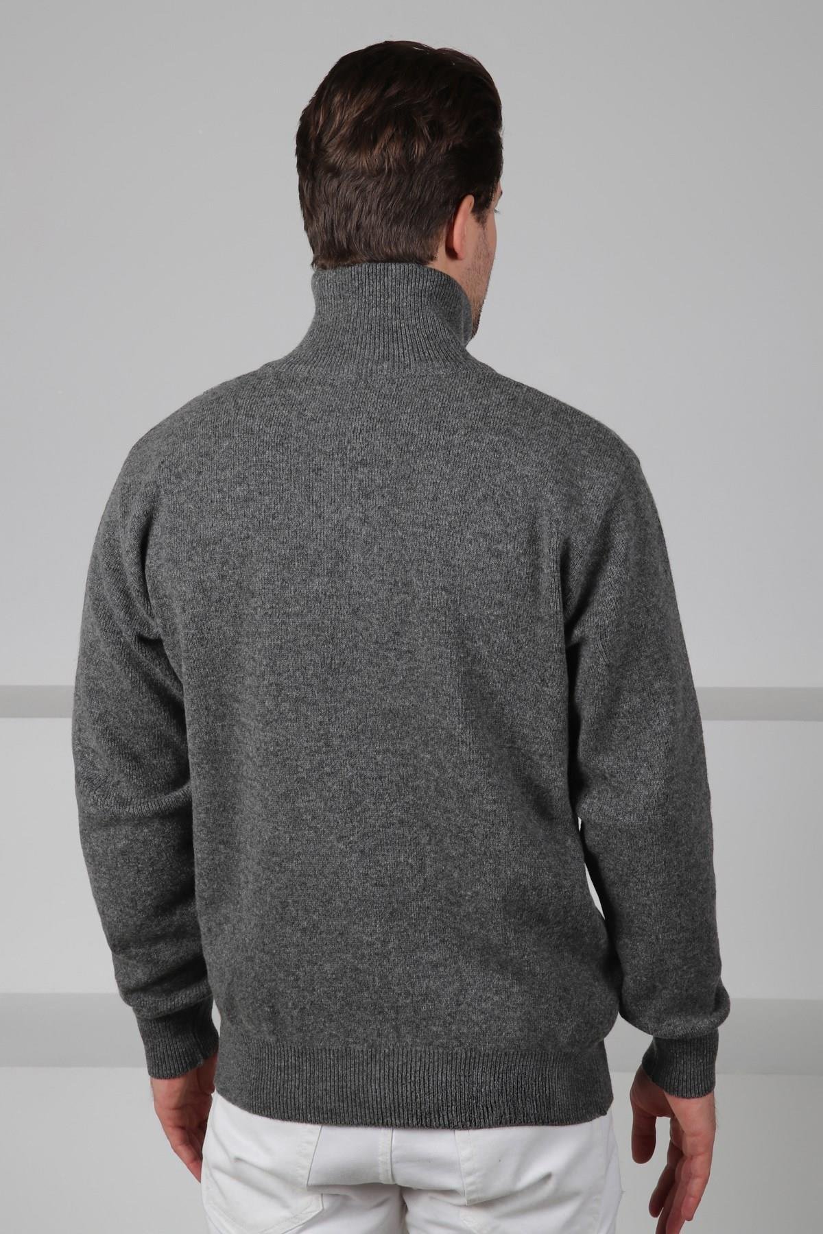 Ferraro Füme Balıkçı Yaka Fermuarlı Baklava Desenli Uzun Kollu %100 Kuzu Yünü Erkek Triko Kazak