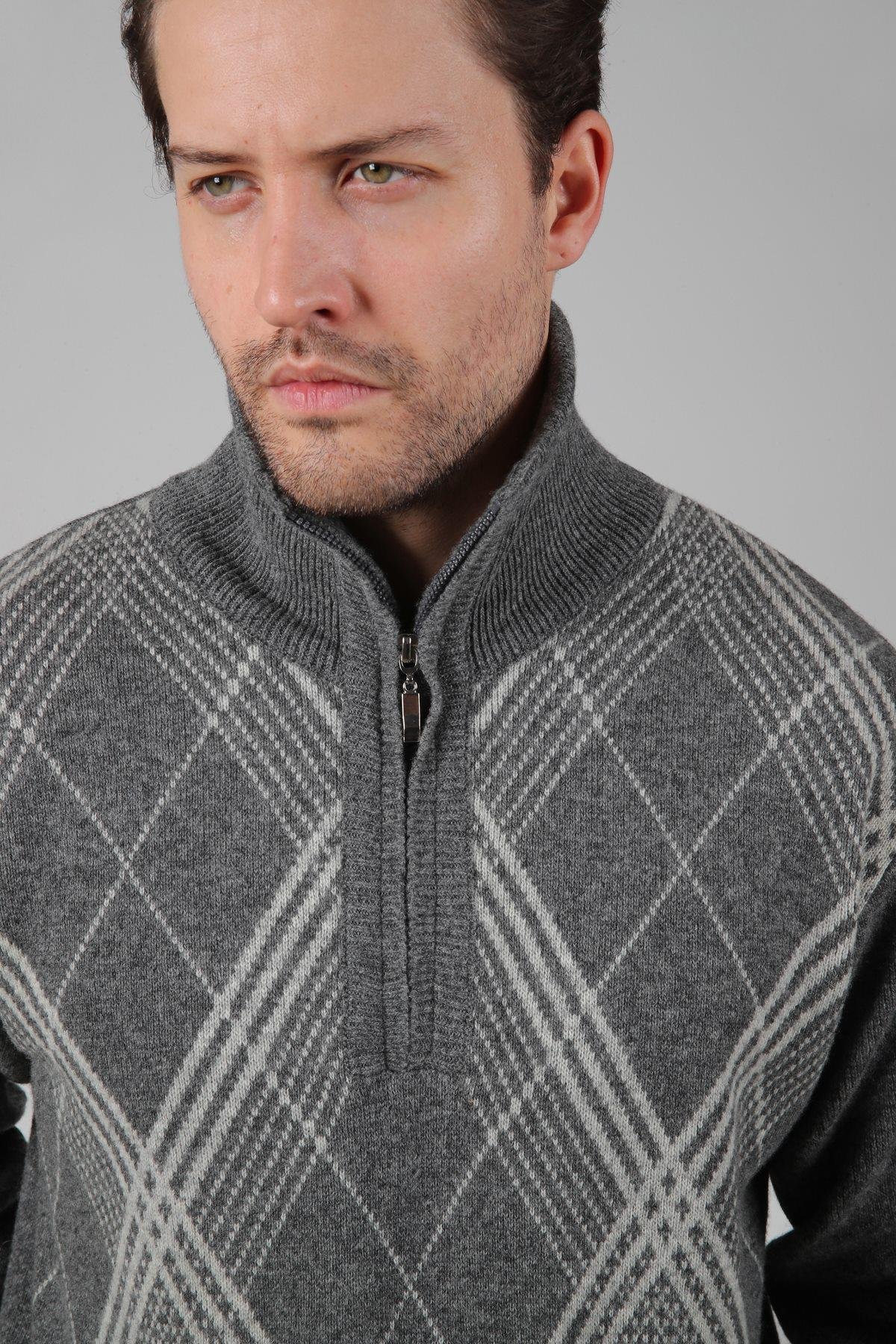 Ferraro Füme Balıkçı Yaka Fermuarlı Baklava Desenli Uzun Kollu %100 Kuzu Yünü Erkek Triko Kazak