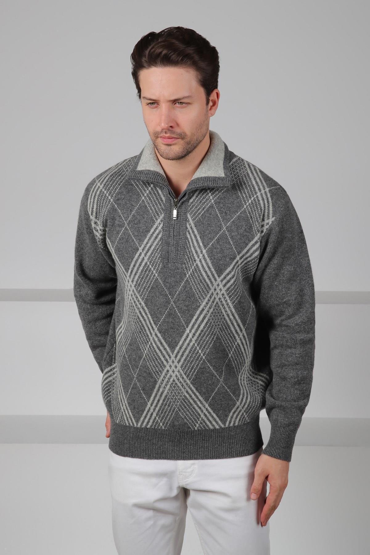 Ferraro Füme Balıkçı Yaka Fermuarlı Baklava Desenli Uzun Kollu %100 Kuzu Yünü Erkek Triko Kazak