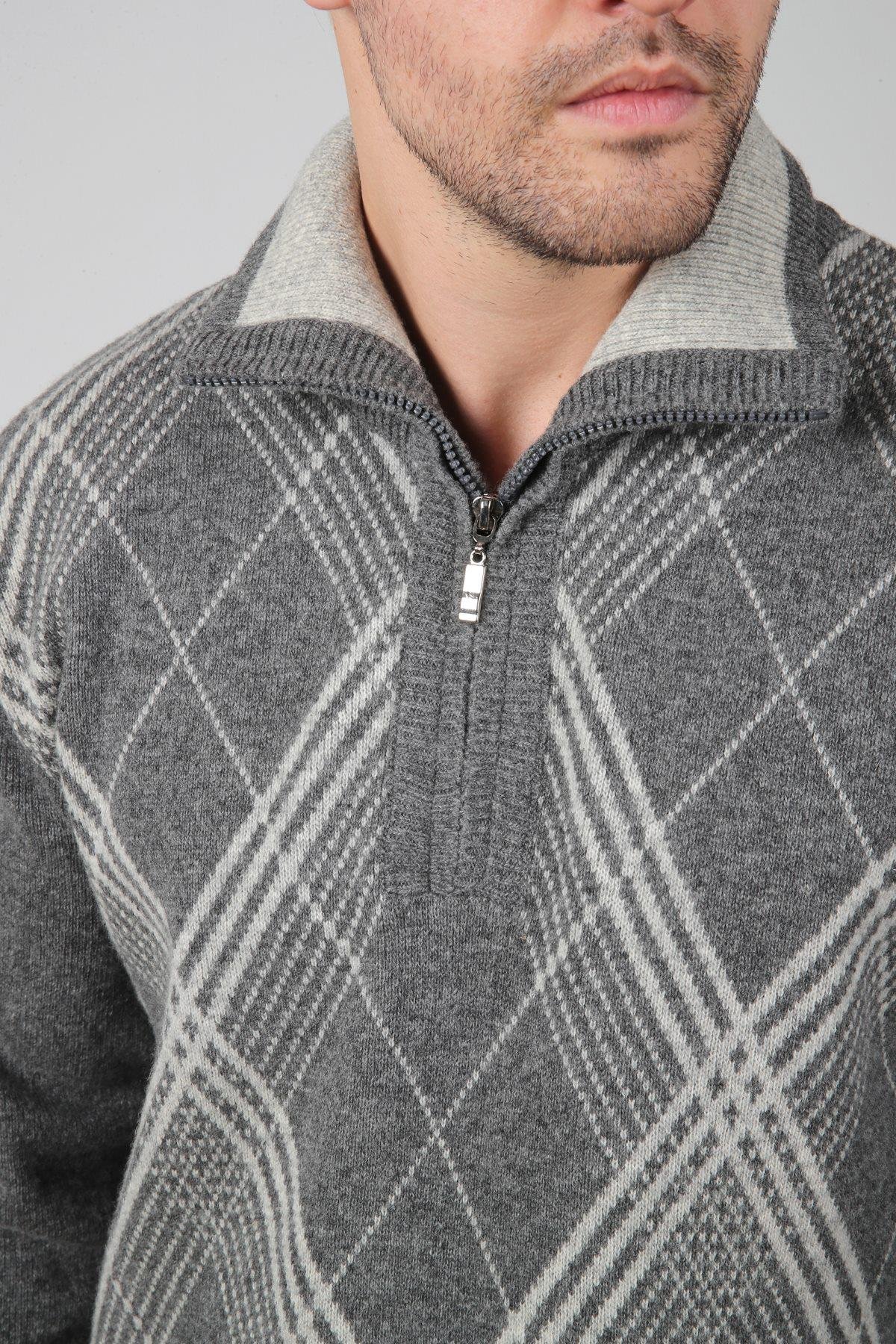 Ferraro Füme Balıkçı Yaka Fermuarlı Baklava Desenli Uzun Kollu %100 Kuzu Yünü Erkek Triko Kazak