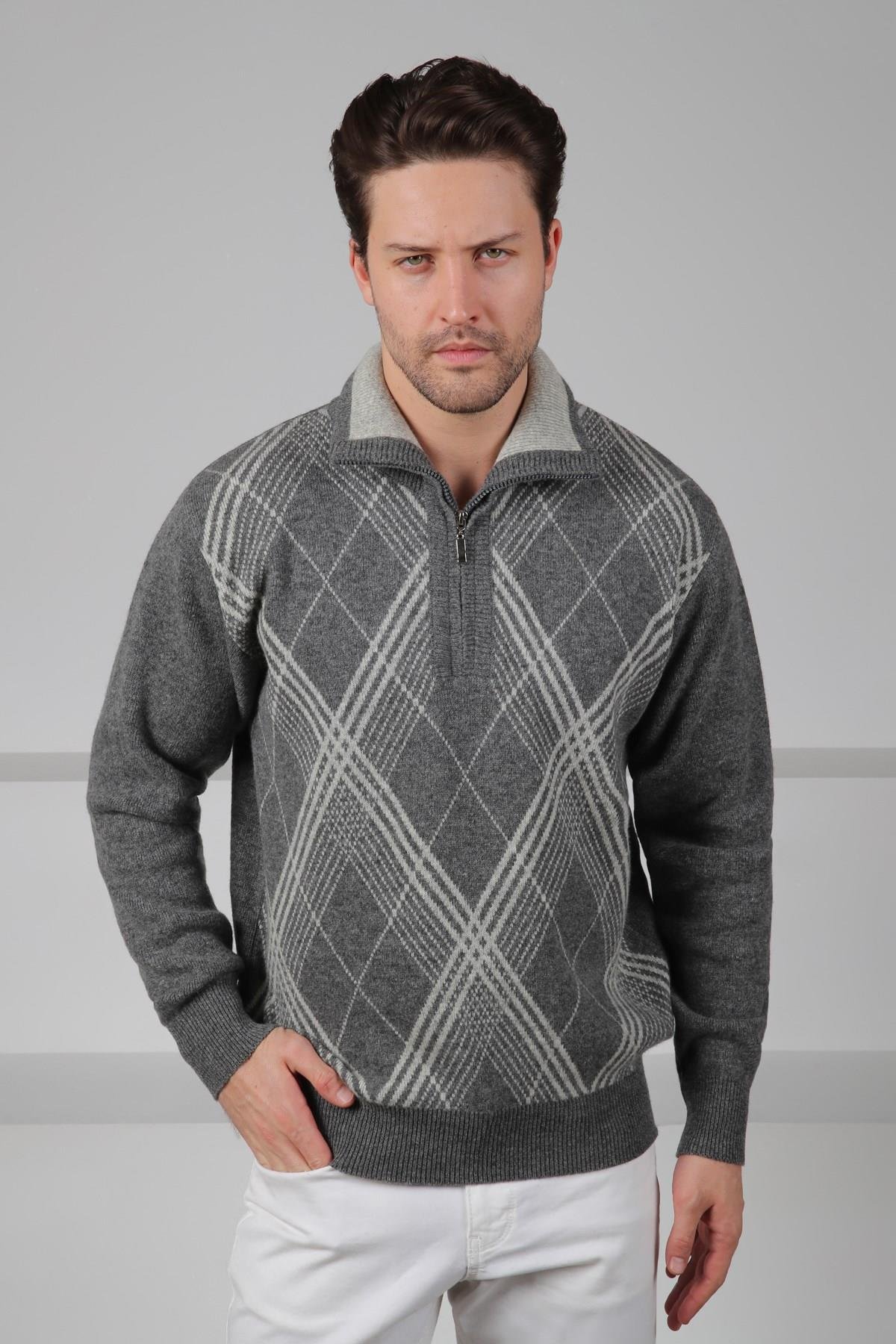 Ferraro Füme Balıkçı Yaka Fermuarlı Baklava Desenli Uzun Kollu %100 Kuzu Yünü Erkek Triko Kazak