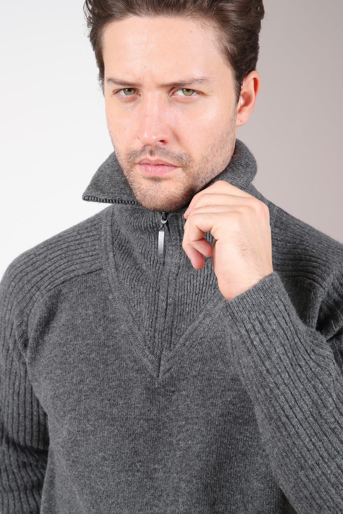 Ferraro Füme Balıkçı Yaka Fermuarlı Kolları Fitilli Uzun Kollu Kuzu Yünü Karışımlı Erkek Triko Kazak