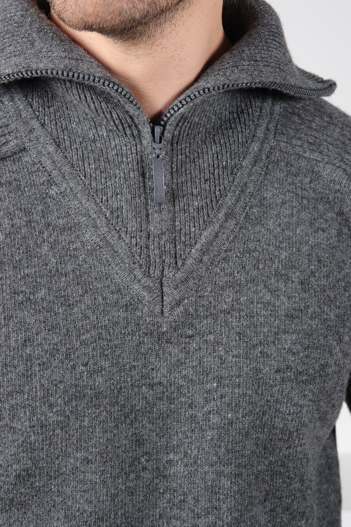 Ferraro Füme Balıkçı Yaka Fermuarlı Kolları Fitilli Uzun Kollu Kuzu Yünü Karışımlı Erkek Triko Kazak
