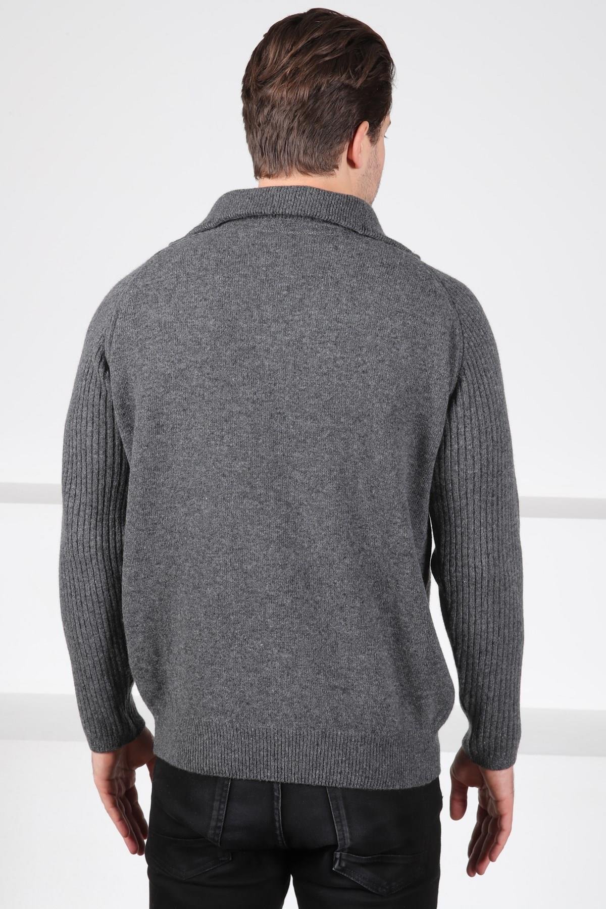 Ferraro Füme Balıkçı Yaka Fermuarlı Kolları Fitilli Uzun Kollu Kuzu Yünü Karışımlı Erkek Triko Kazak