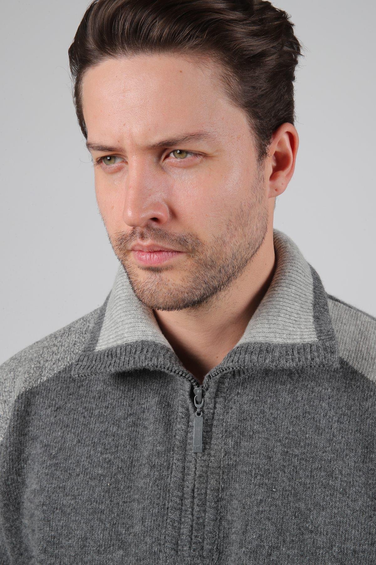 Ferraro Füme Balıkçı Yaka Fermuarlı OmuzLarı Renkli Uzun Kollu %100 Kuzu Yünü Erkek Triko Kazak