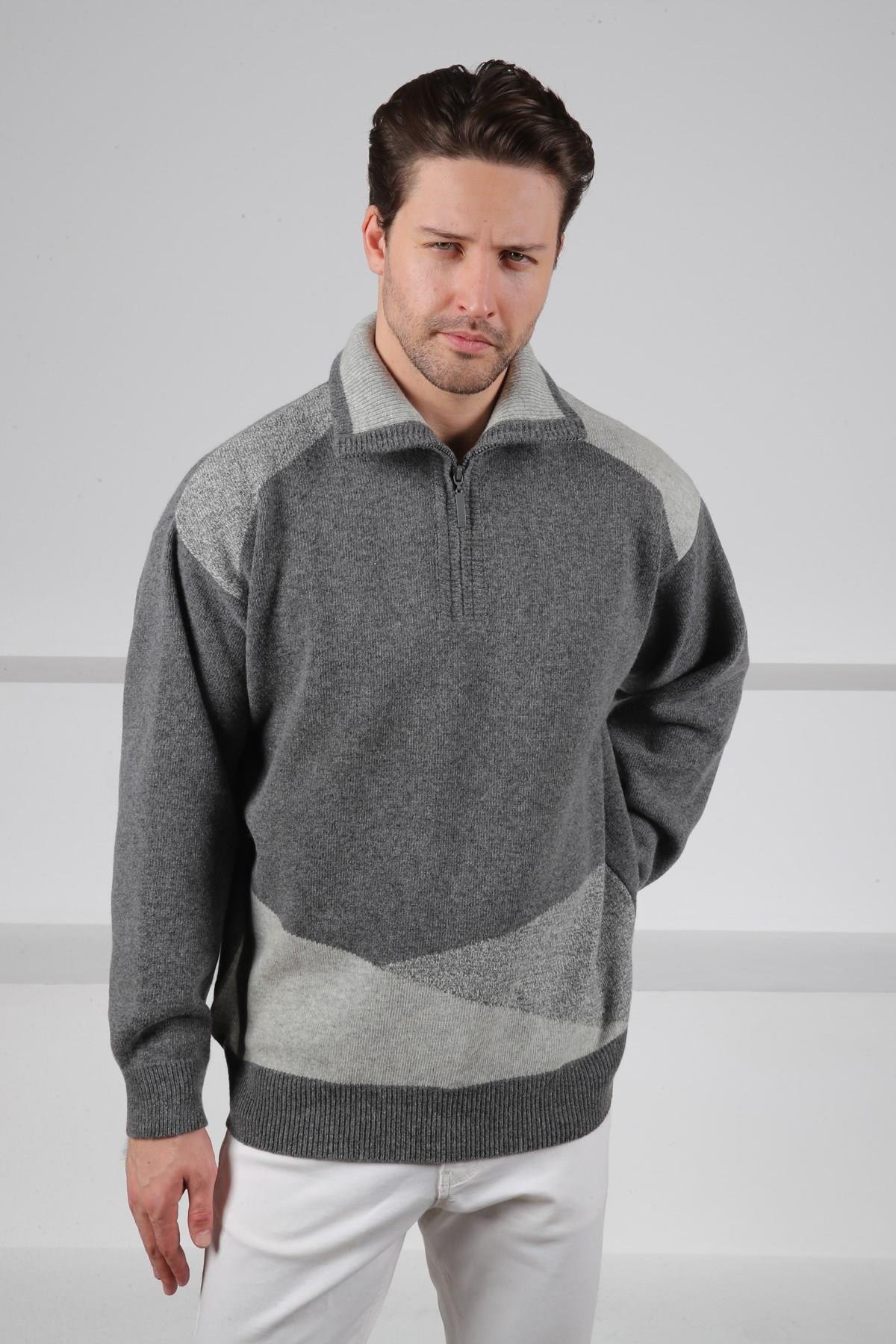 Ferraro Füme Balıkçı Yaka Fermuarlı OmuzLarı Renkli Uzun Kollu %100 Kuzu Yünü Erkek Triko Kazak