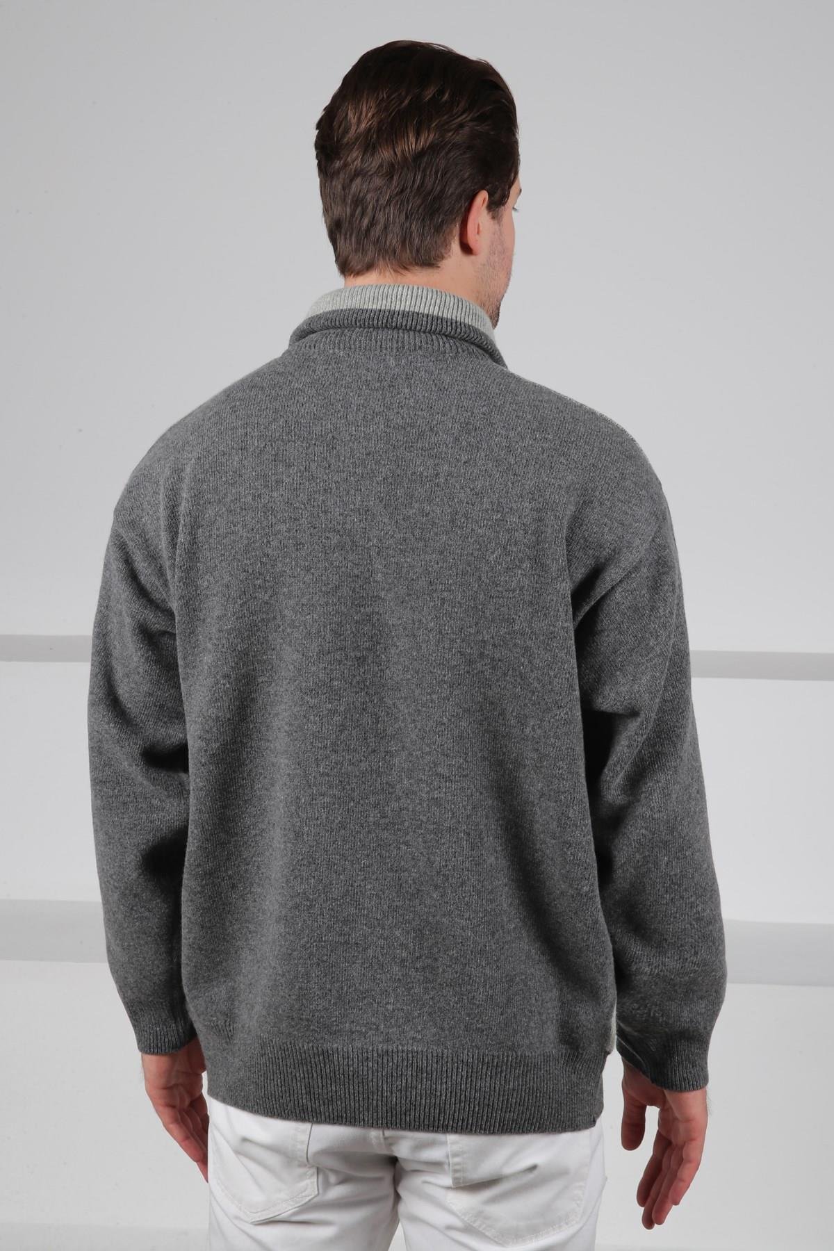 Ferraro Füme Balıkçı Yaka Fermuarlı OmuzLarı Renkli Uzun Kollu %100 Kuzu Yünü Erkek Triko Kazak