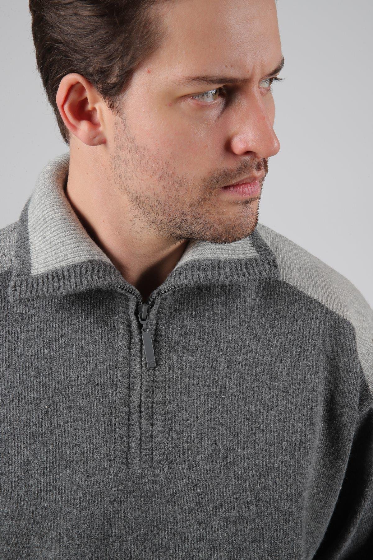 Ferraro Füme Balıkçı Yaka Fermuarlı OmuzLarı Renkli Uzun Kollu %100 Kuzu Yünü Erkek Triko Kazak