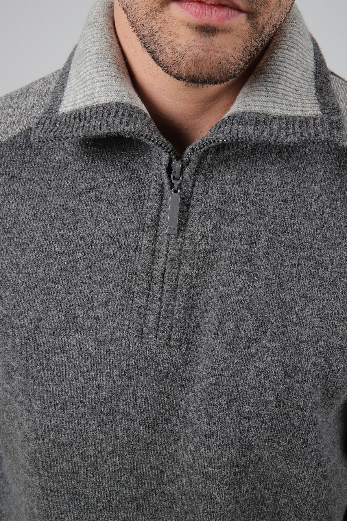 Ferraro Füme Balıkçı Yaka Fermuarlı OmuzLarı Renkli Uzun Kollu %100 Kuzu Yünü Erkek Triko Kazak