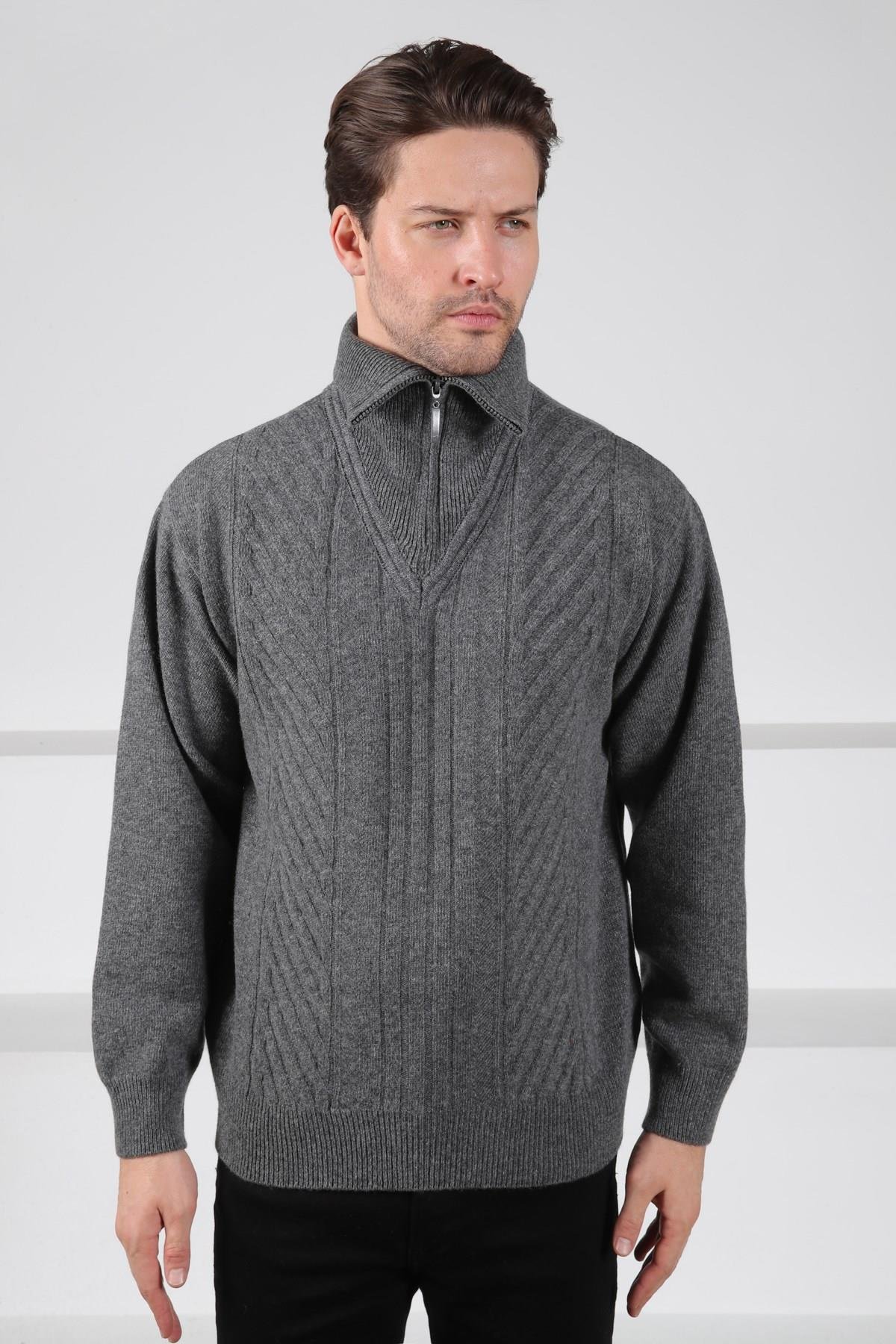 Ferraro Füme Balıkçı Yaka Fermuarlı Önü Desenli Uzun Kollu %100 Kuzu Yünü Erkek Triko Kazak