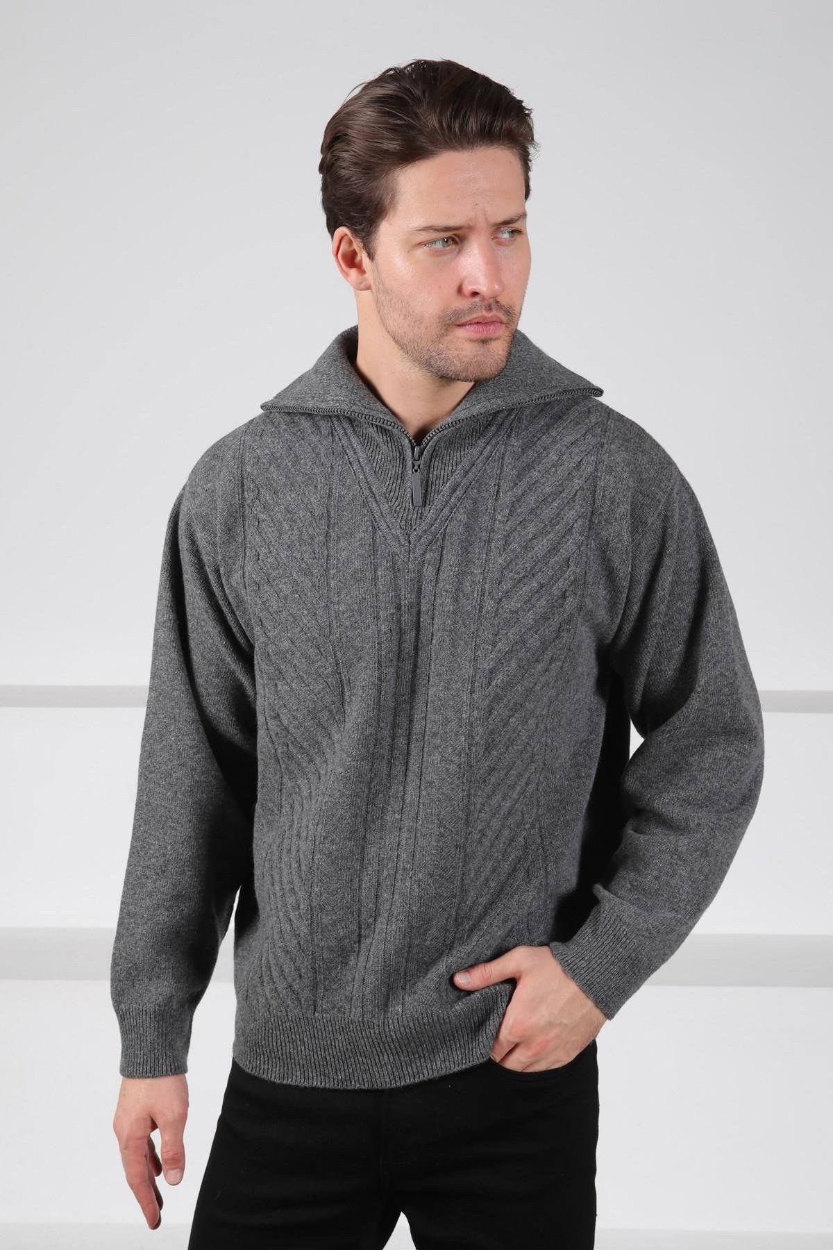 Ferraro Füme Balıkçı Yaka Fermuarlı Önü Desenli Uzun Kollu %100 Kuzu Yünü Erkek Triko Kazak