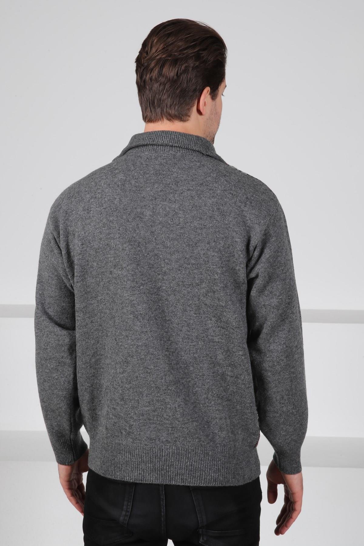Ferraro Füme Balıkçı Yaka Fermuarlı Önü Çizgi Detaylı Uzun Kollu Kuzu Yünü Karışımlı Erkek Triko Kazak