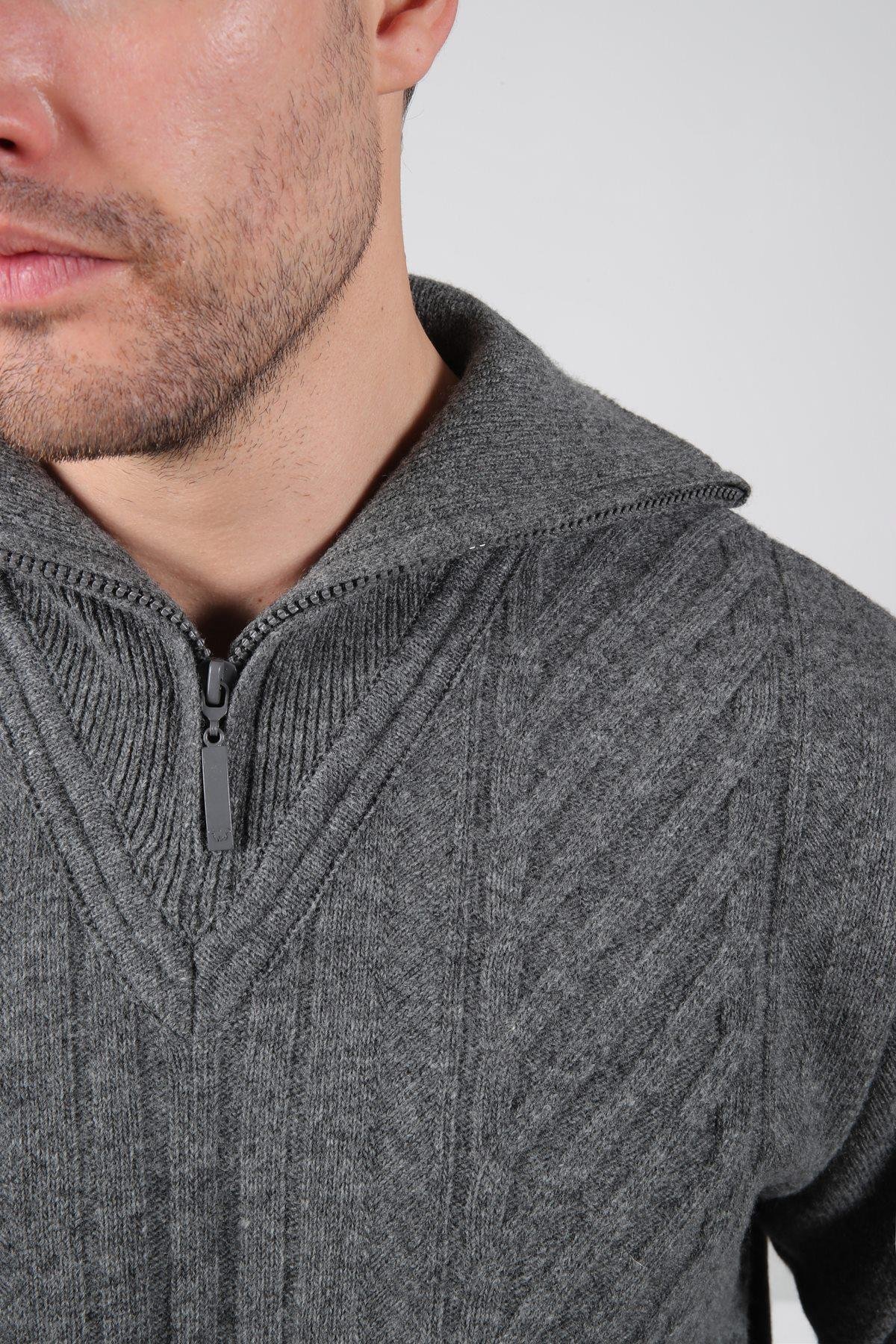 Ferraro Füme Balıkçı Yaka Fermuarlı Önü Desenli Uzun Kollu %100 Kuzu Yünü Erkek Triko Kazak