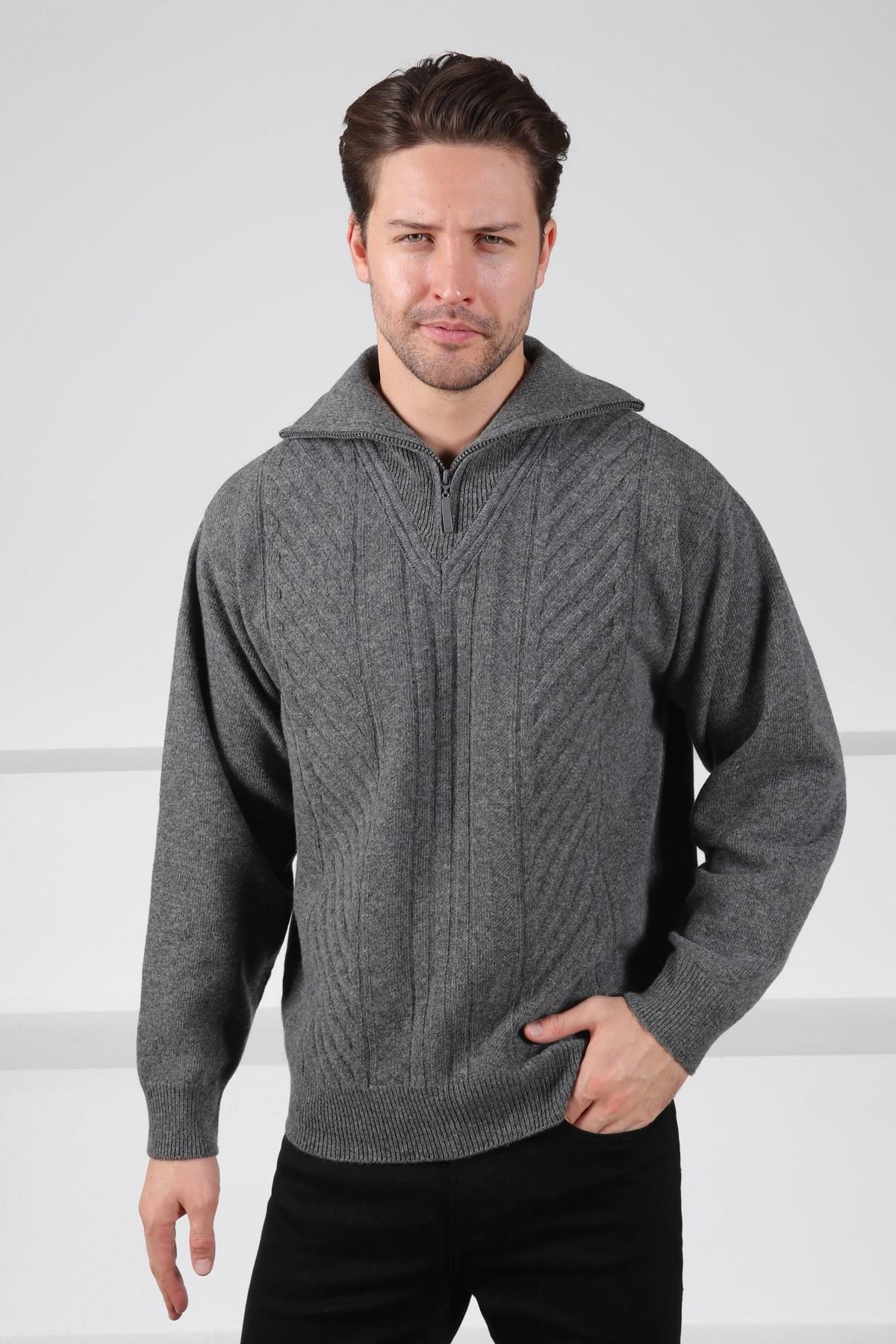 Ferraro Füme Balıkçı Yaka Fermuarlı Önü Desenli Uzun Kollu %100 Kuzu Yünü Erkek Triko Kazak