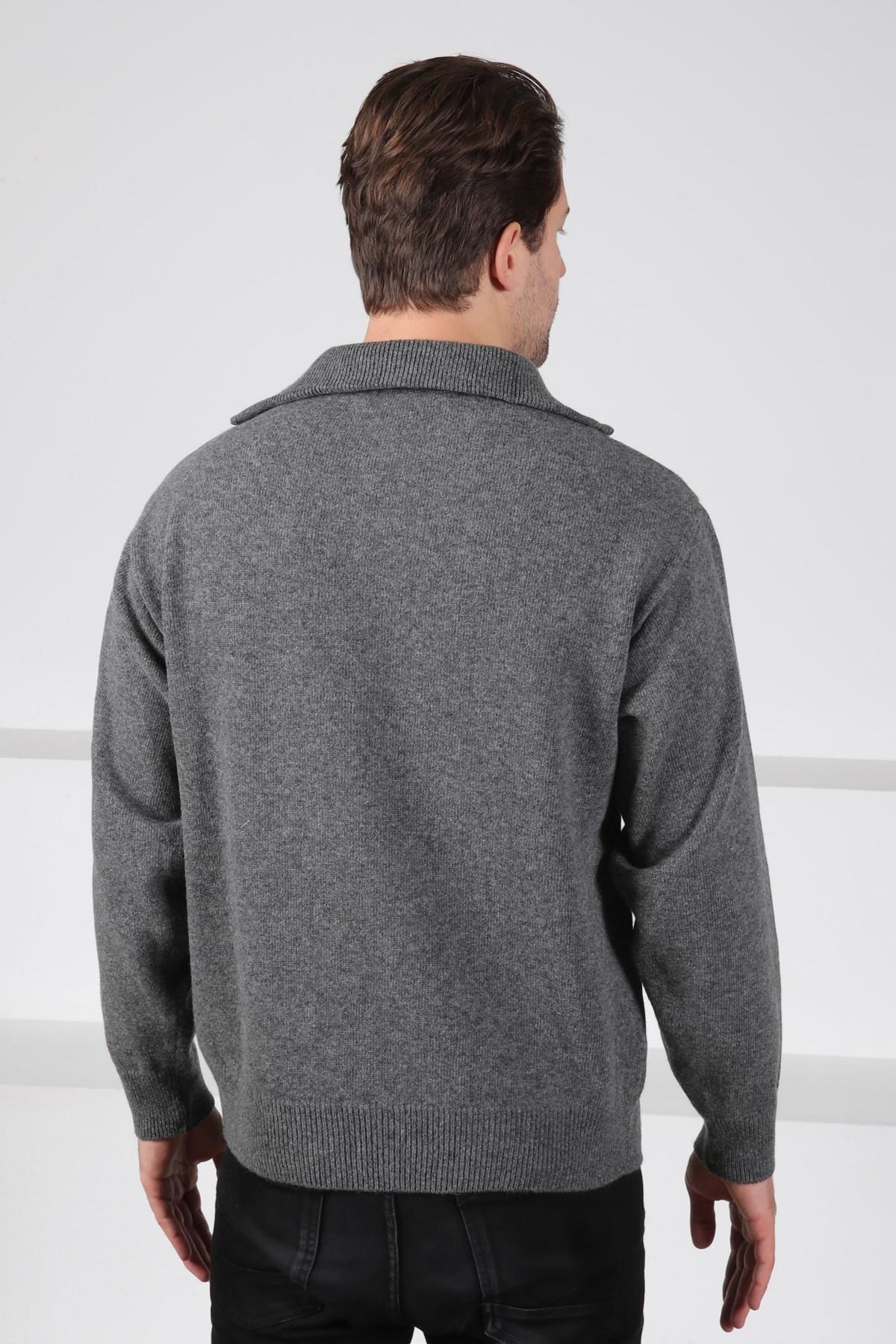 Ferraro Füme Balıkçı Yaka Fermuarlı Önü Desenli Uzun Kollu %100 Kuzu Yünü Erkek Triko Kazak