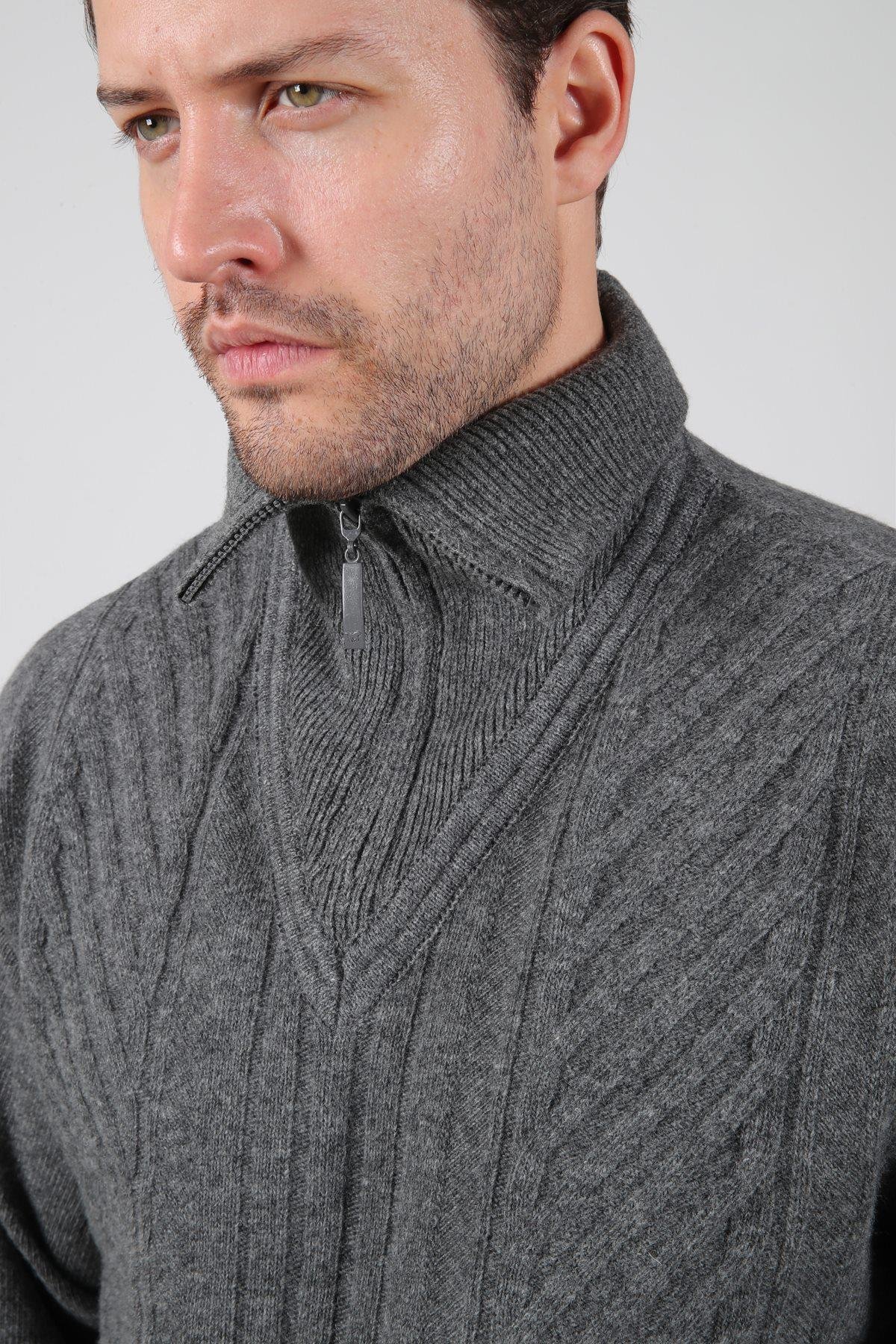 Ferraro Füme Balıkçı Yaka Fermuarlı Önü Desenli Uzun Kollu %100 Kuzu Yünü Erkek Triko Kazak
