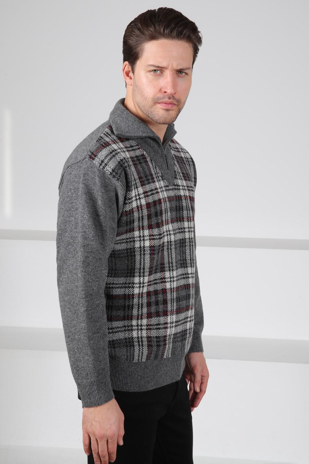 Ferraro Füme Balıkçı Yaka Fermuarlı Önü Çizgi Detaylı Uzun Kollu Kuzu Yünü Karışımlı Erkek Triko Kazak