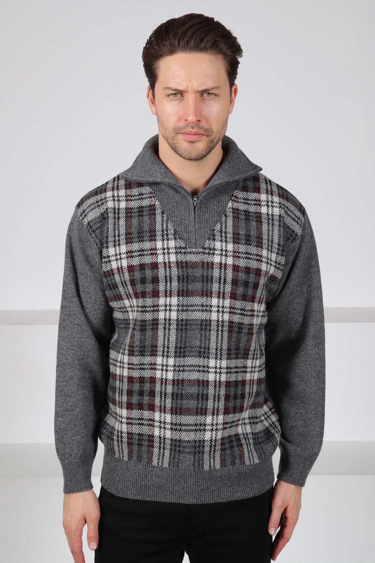 Ferraro Füme Balıkçı Yaka Fermuarlı Önü Çizgi Detaylı Uzun Kollu Kuzu Yünü Karışımlı Erkek Triko Kazak
