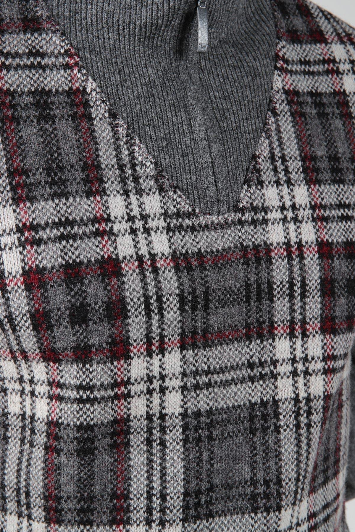 Ferraro Füme Balıkçı Yaka Fermuarlı Önü Çizgi Detaylı Uzun Kollu Kuzu Yünü Karışımlı Erkek Triko Kazak