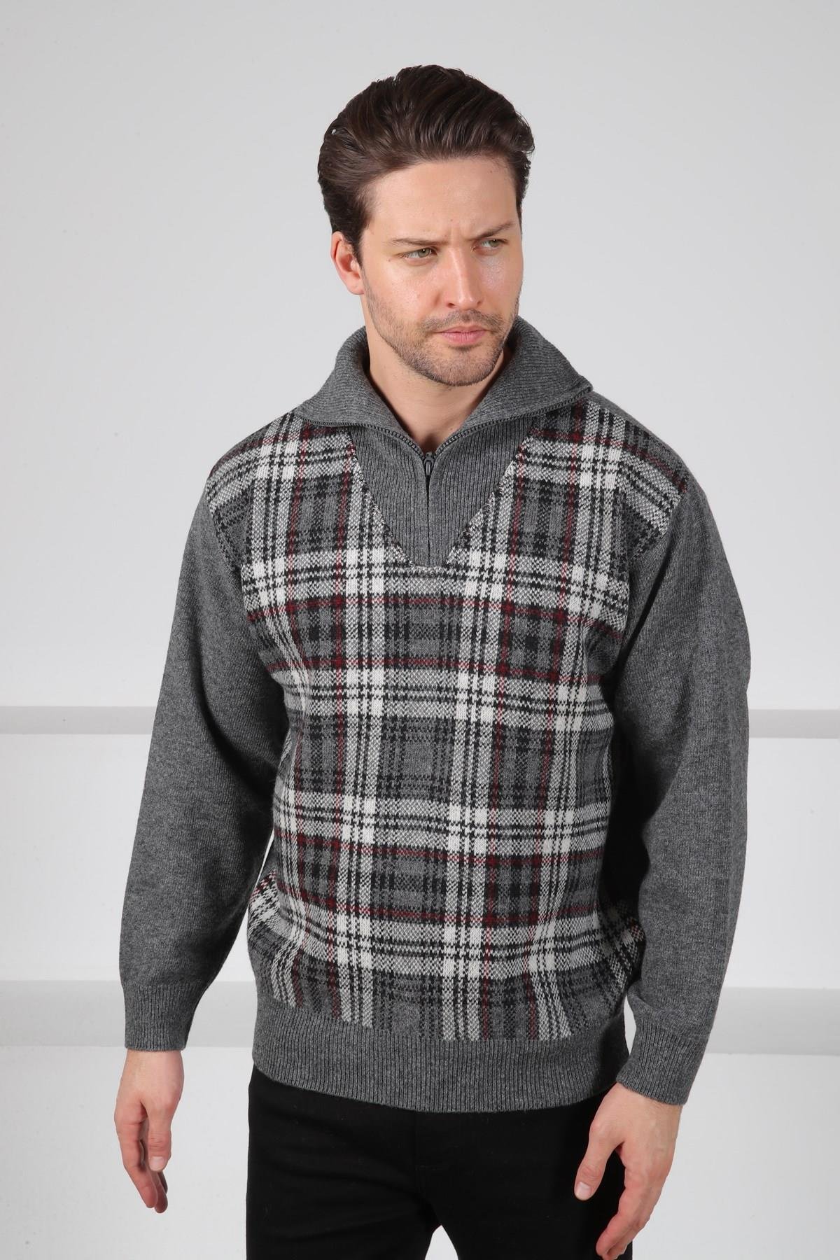 Ferraro Füme Balıkçı Yaka Fermuarlı Önü Çizgi Detaylı Uzun Kollu Kuzu Yünü Karışımlı Erkek Triko Kazak