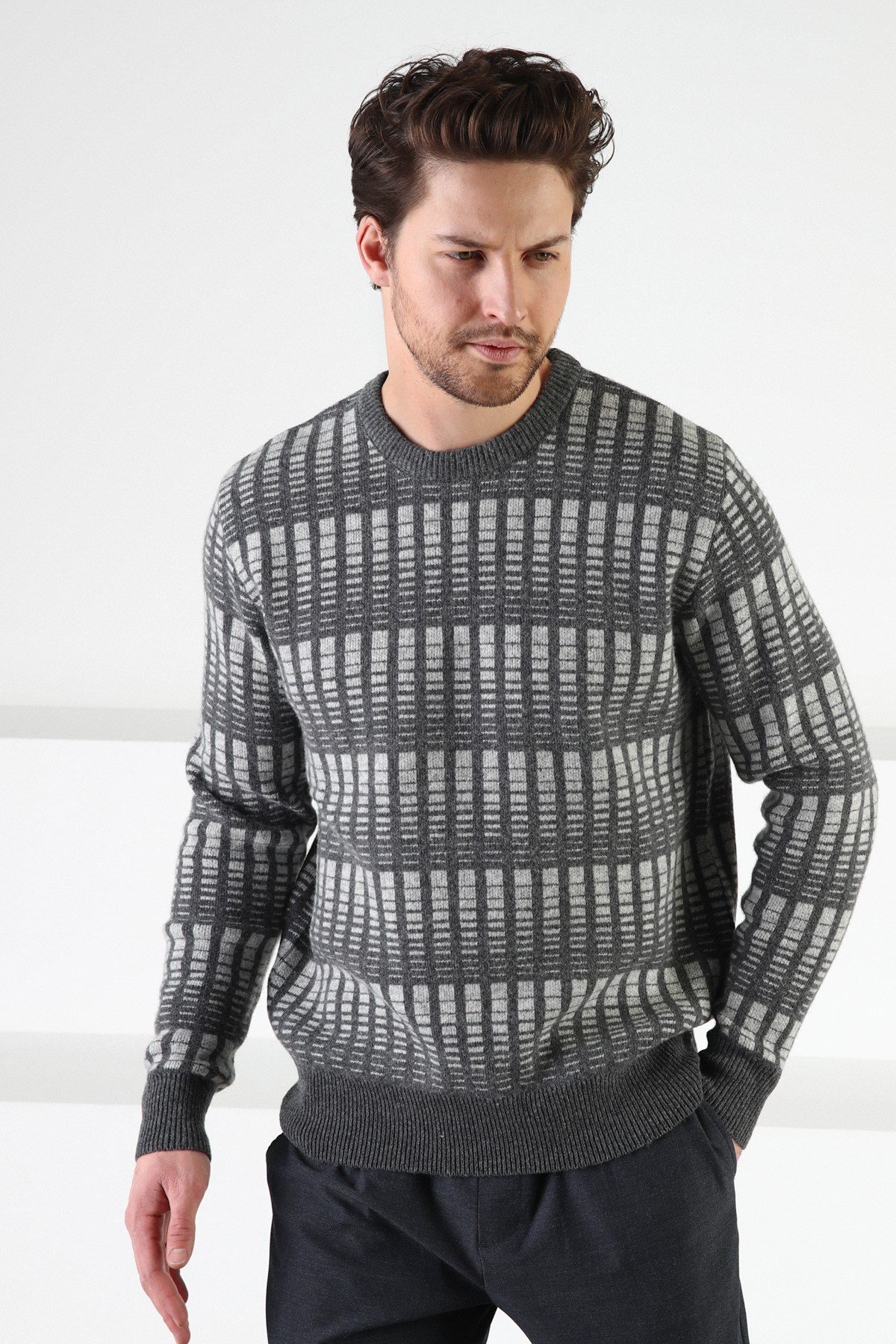 Ferraro Füme Bisiklet Yaka %100 Kuzu Yünü Erkek Kazak