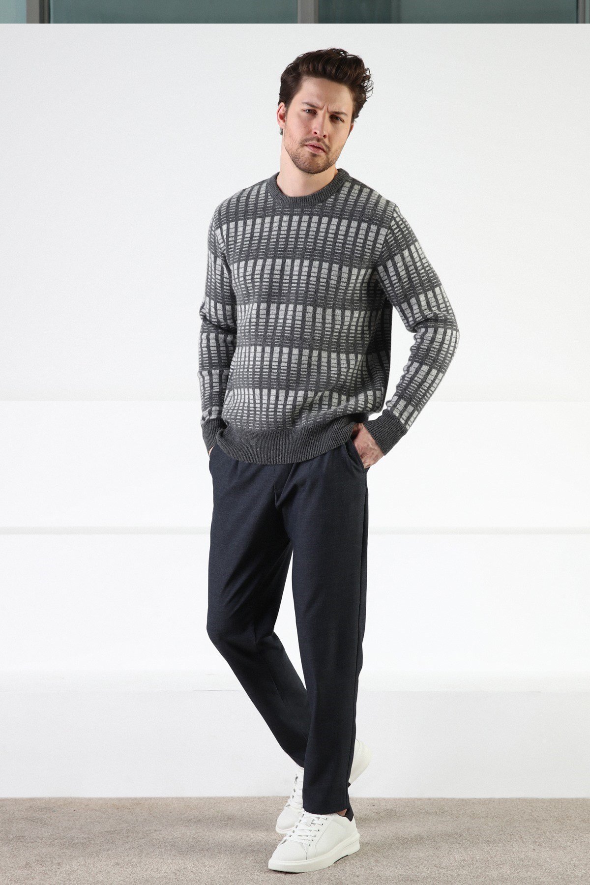 Ferraro Füme Bisiklet Yaka %100 Kuzu Yünü Erkek Kazak