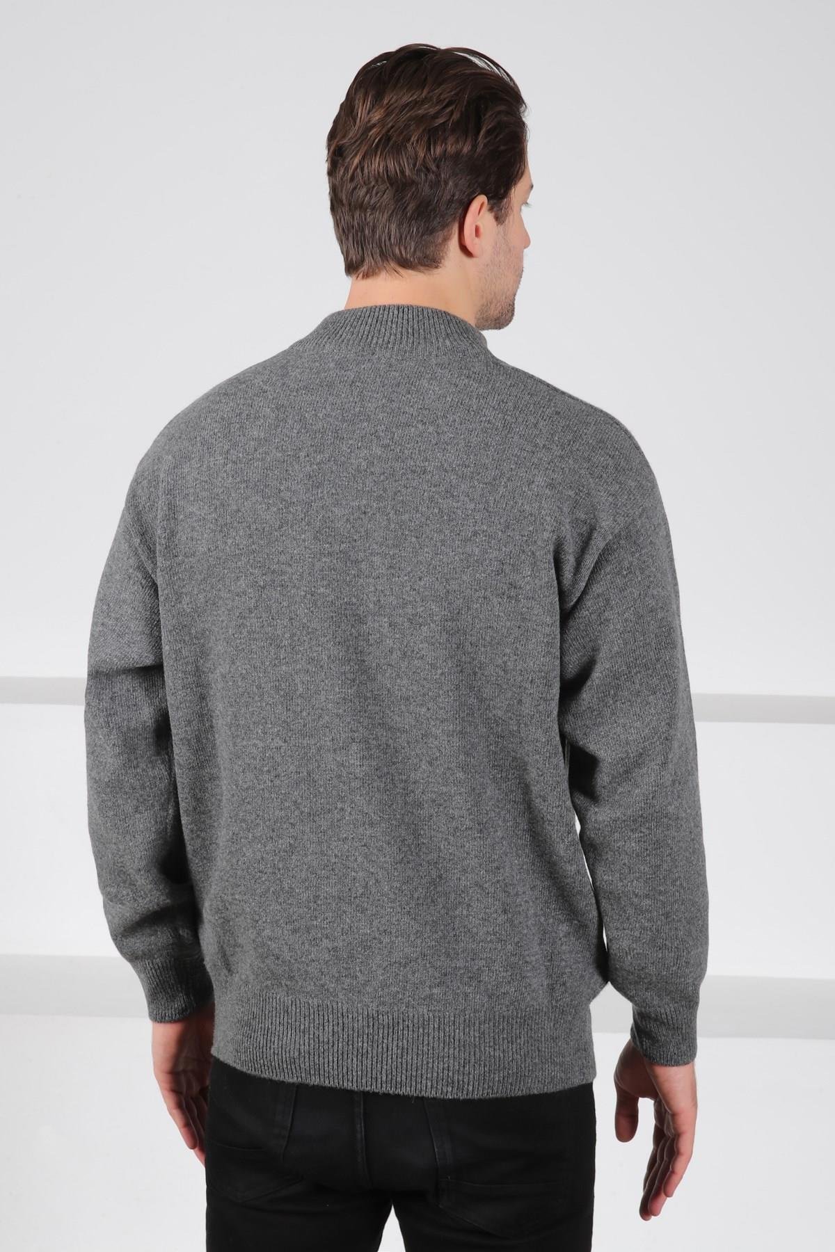 Ferraro Füme Bisiklet Yaka Dikey Çizgi Desenli Uzun Kollu %100 Kuzu Yünü Erkek Triko Kazak