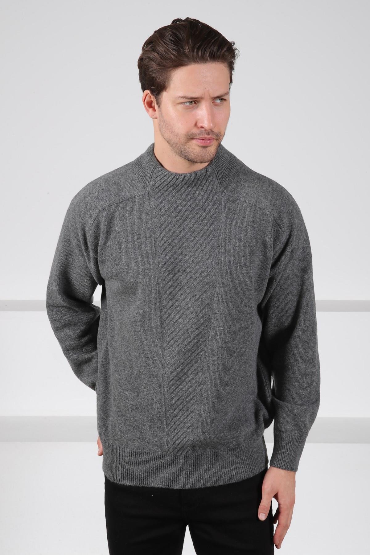 Ferraro Füme Bisiklet Yaka Dikey Çizgi Desenli Uzun Kollu %100 Kuzu Yünü Erkek Triko Kazak