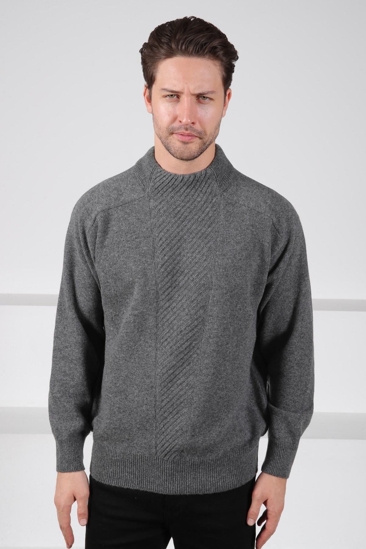 Ferraro Füme Bisiklet Yaka Dikey Çizgi Desenli Uzun Kollu %100 Kuzu Yünü Erkek Triko Kazak