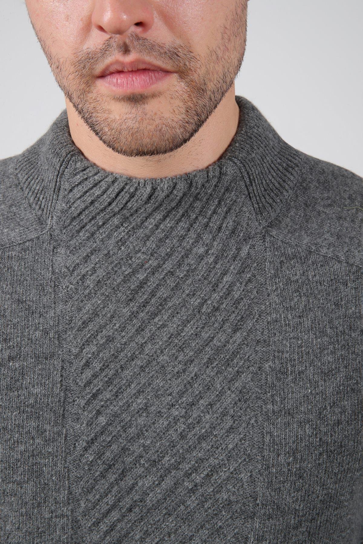 Ferraro Füme Bisiklet Yaka Dikey Çizgi Desenli Uzun Kollu %100 Kuzu Yünü Erkek Triko Kazak