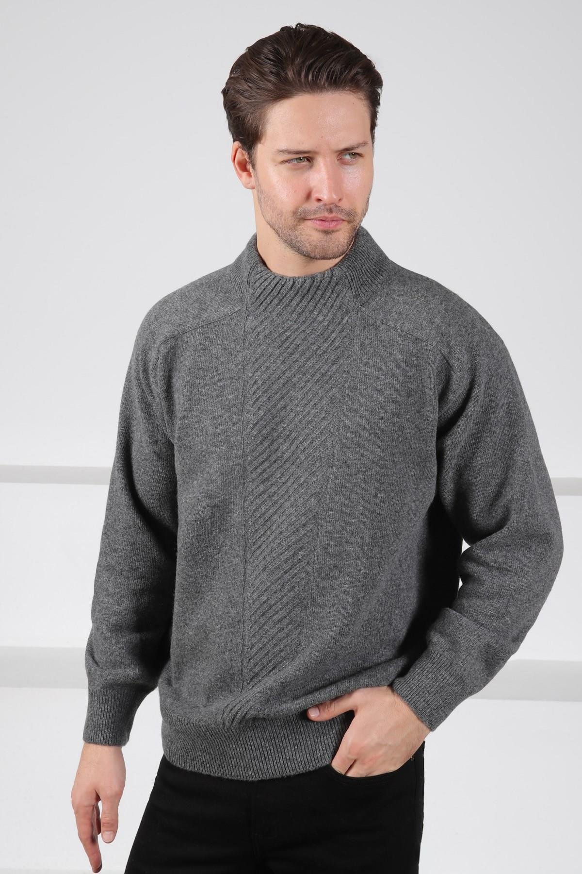 Ferraro Füme Bisiklet Yaka Dikey Çizgi Desenli Uzun Kollu %100 Kuzu Yünü Erkek Triko Kazak